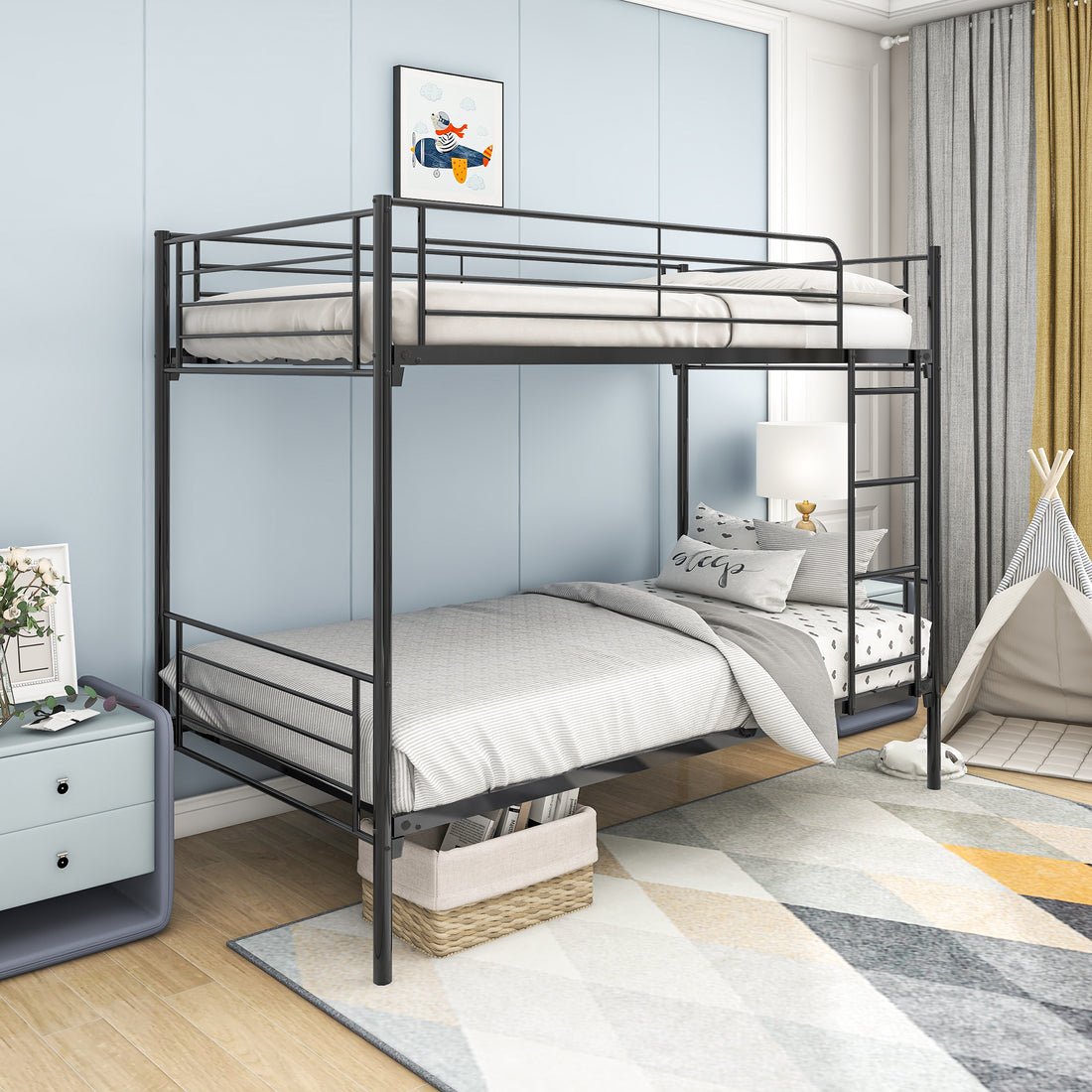 Twin Over Twin Bunk Bed, Metal Frame With Ladder Box Spring Not Required Twin Black Metal Bedroom Modern Bed Frame Metal Metal