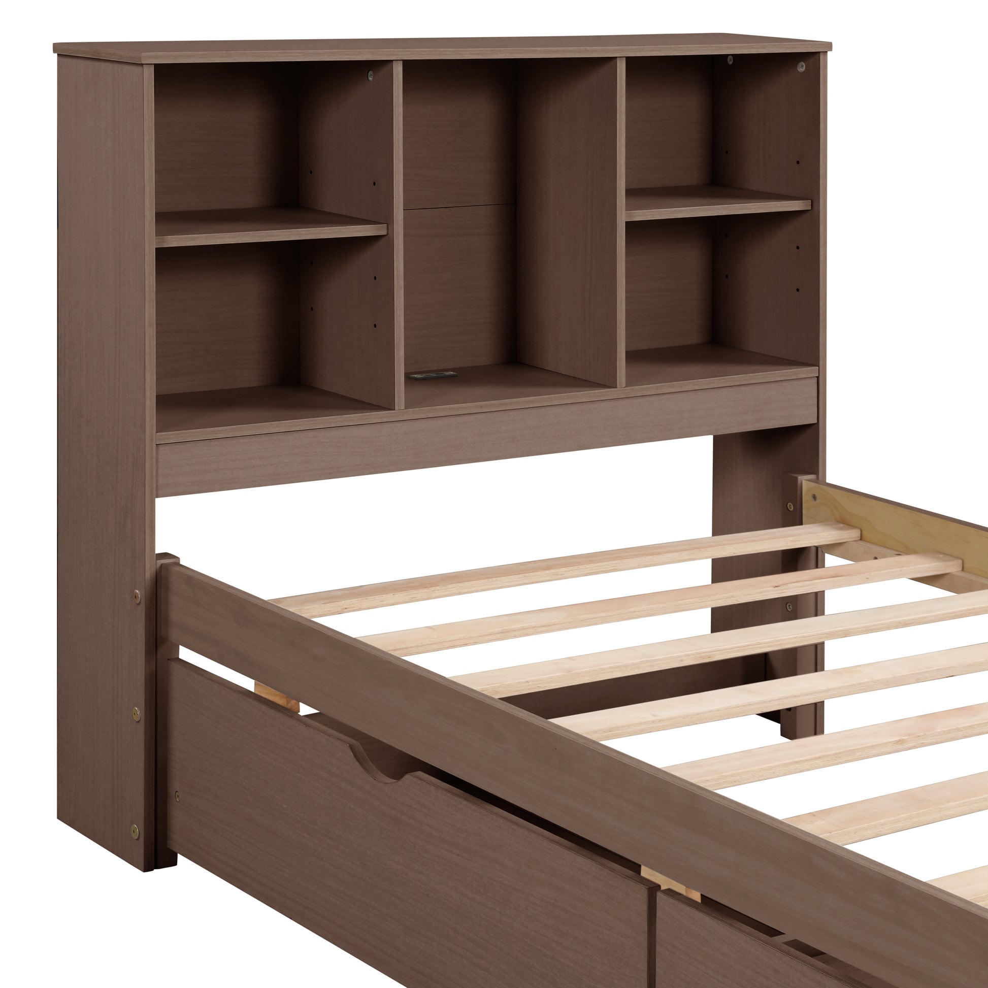 Modern Twin Size Bed Frame With Built In Usb Port On Bookcase Headboard And 2 Drawers For Walnut Color Box Spring Not Required Twin Walnut Bedroom Bed Frame Particle Board