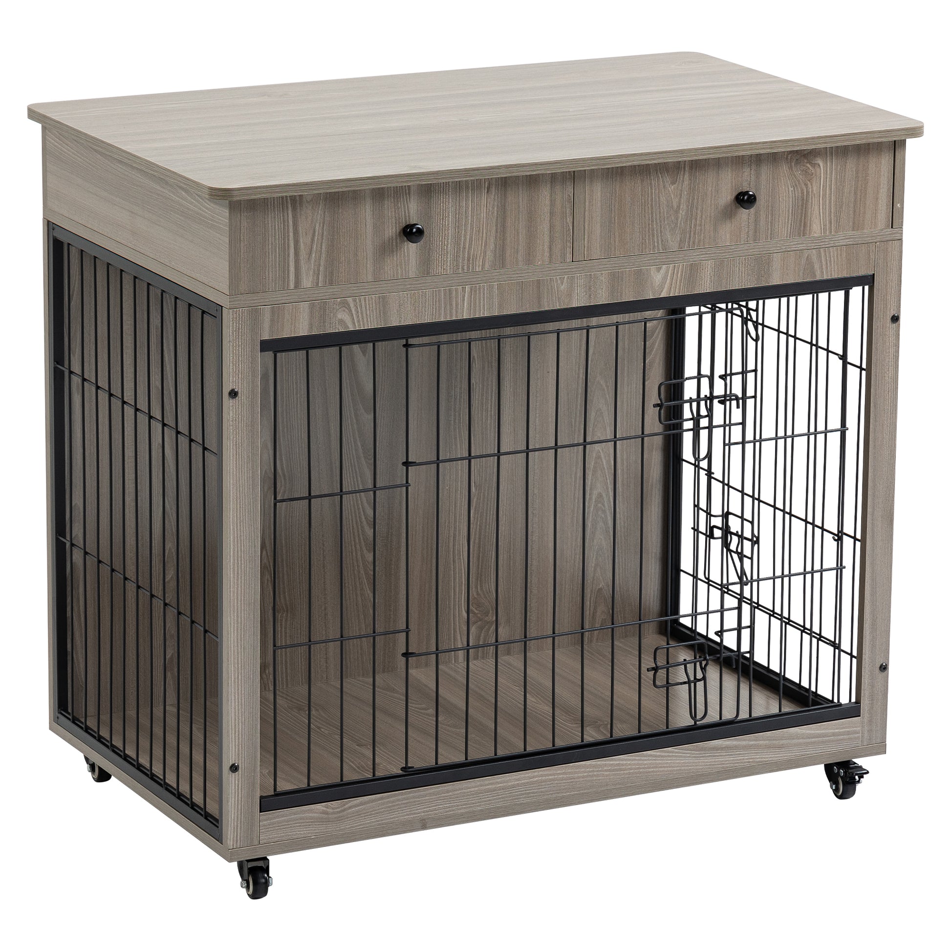 Dog Crate Furniture, Wooden Dog Crate End Table, 38.4 Inch Dog Kennel With 2 Drawers Storage, Heavy Duty Dog Crate, Decorative Pet Crate Dog Cage For Large Indoor Use Grey 38.4" L 23.2" W 35" H Grey Mdf Steel