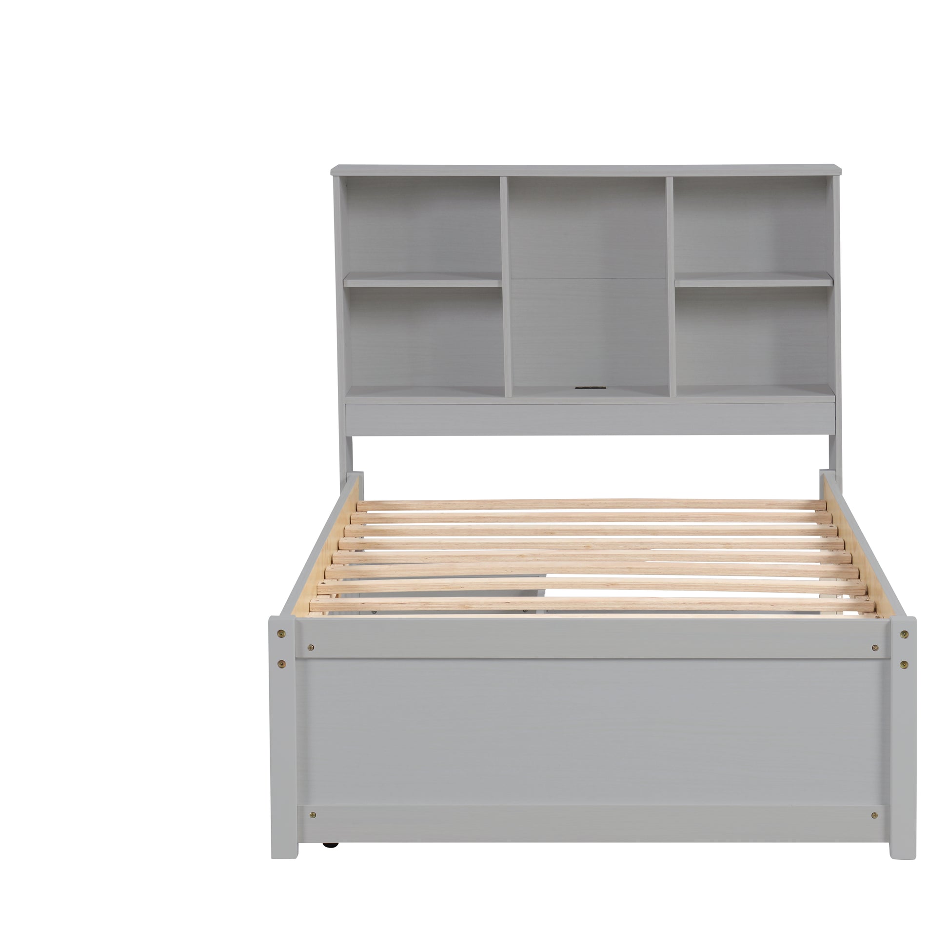 Modern Twin Size Bed Frame With Built In Usb Port On Bookcase Headboard And 2 Drawers For Grey Color Box Spring Not Required Twin Grey Bedroom Bed Frame Particle Board