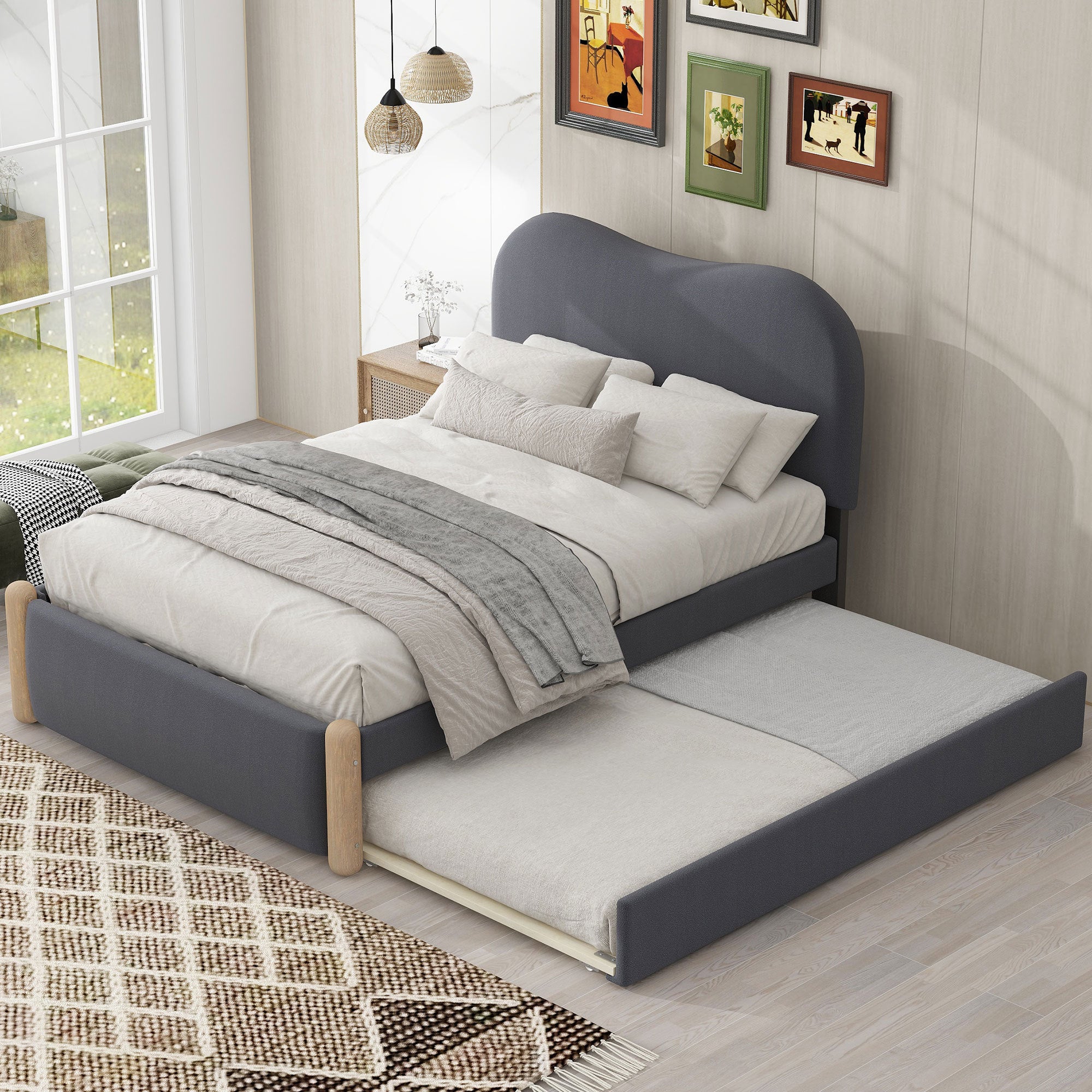 Twin Size Upholstered Platform Bed With Wood Supporting Feet And Twin Size Trundle, Gray Box Spring Not Required Twin Gray Wood Bedroom Bed Frame Upholstered