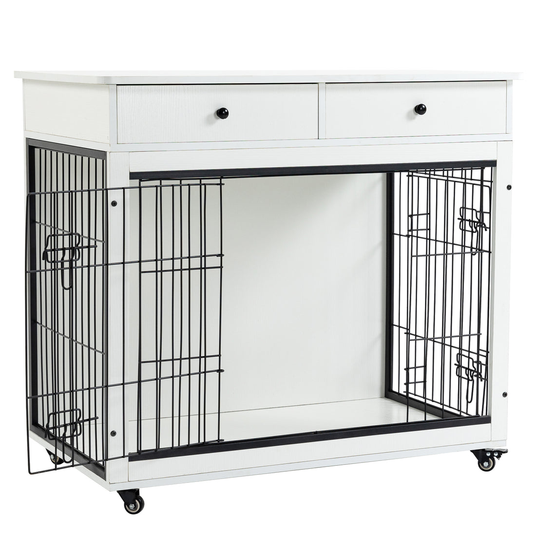 Dog Crate Furniture, Wooden Dog Crate End Table, 38.4 Inch Dog Kennel With 2 Drawers Storage, Heavy Duty Dog Crate, Decorative Pet Crate Dog Cage For Large Indoor Use White 38.4" L 23.2" W 35" H White Mdf Steel