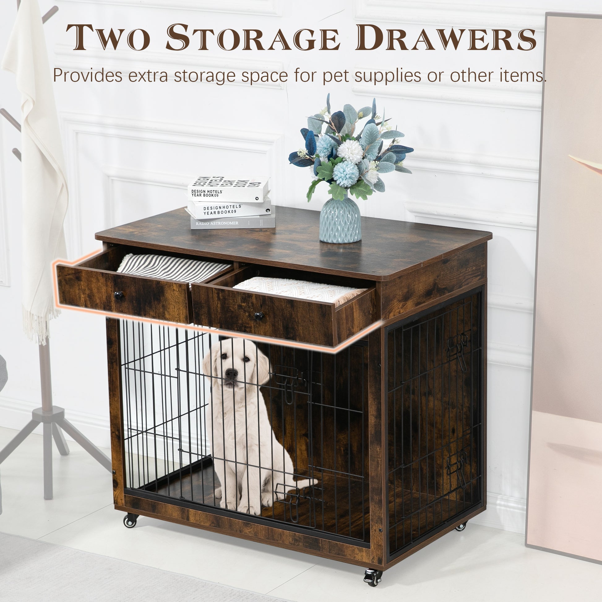 Dog Crate Furniture, Wooden Dog House, Decorative Dog Kennel With Drawer, Indoor Pet Crate End Table For Small Dog, Steel Tube Dog Cage, Chew Proof, Rustic Brown 31.7" L 23.2" W 33" H Brown Mdf Steel