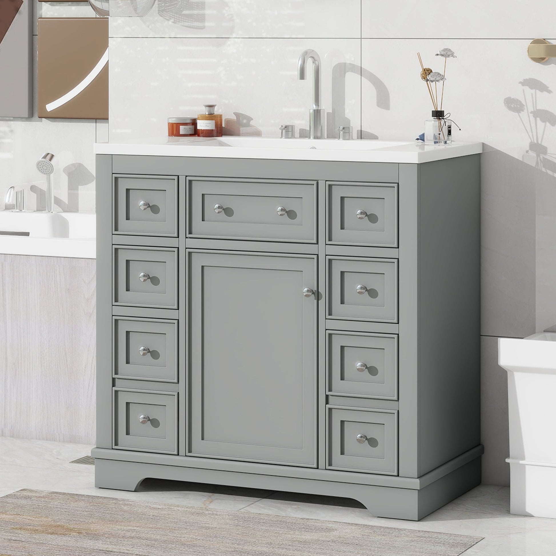 36" Bathroom Vanity With Sink Combo, One Cabinet And Six Drawers, Solid Wood And Mdf Board, Grey Grey Solid Wood Mdf