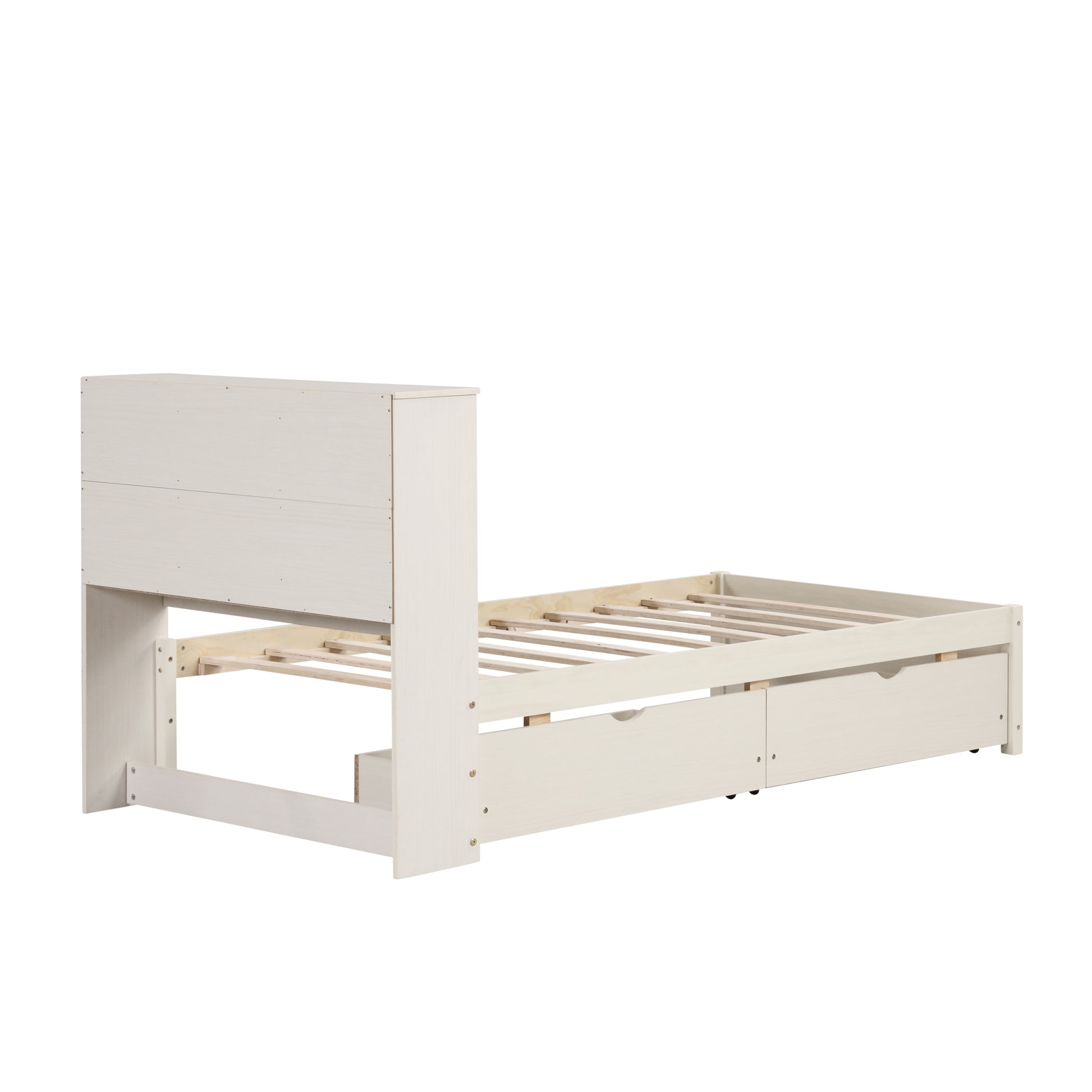 Modern Twin Size Bed Frame With Built In Usb Port On Bookcase Headboard And 2 Drawers For White Washed Color Box Spring Not Required Twin White Washed Bedroom Bed Frame Particle Board