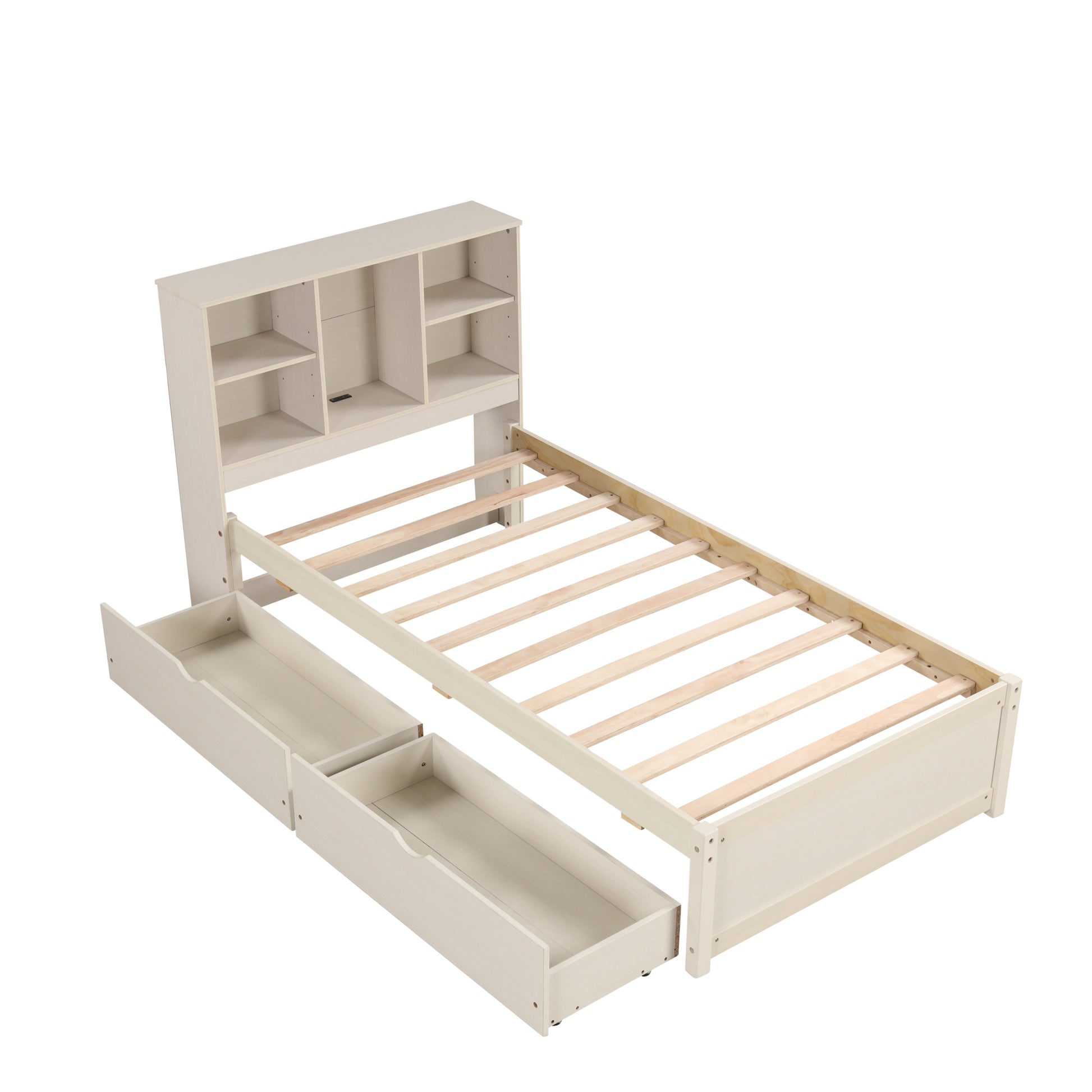 Modern Twin Size Bed Frame With Built In Usb Port On Bookcase Headboard And 2 Drawers For White Washed Color Box Spring Not Required Twin White Washed Bedroom Bed Frame Particle Board