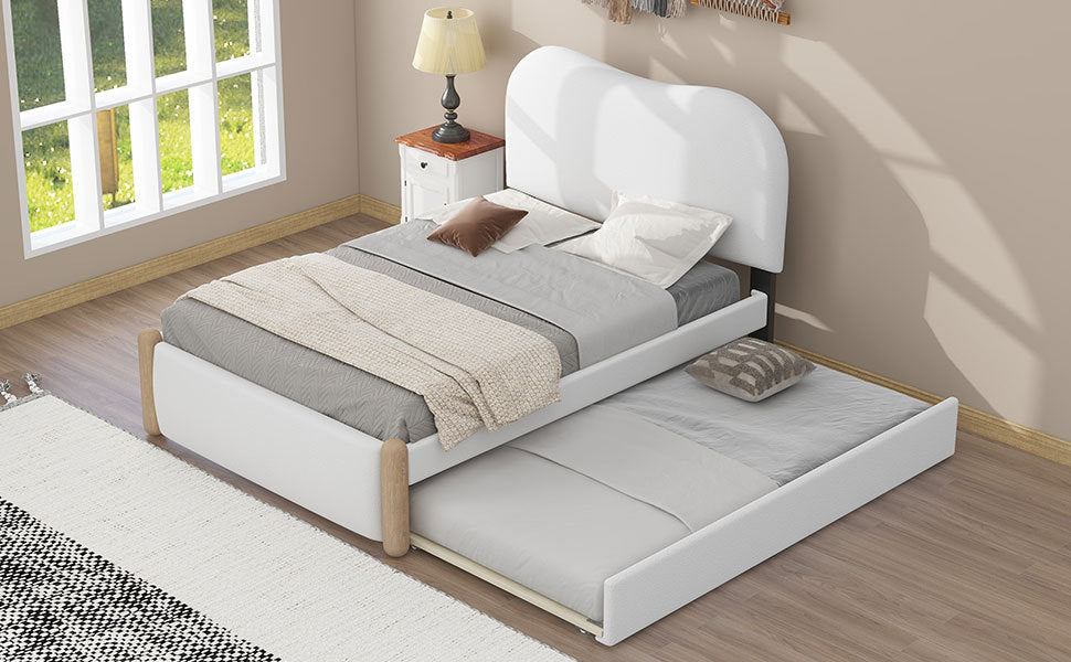 Twin Size Upholstered Platform Bed With Wood Supporting Feet And Twin Size Trundle, White Box Spring Not Required Twin White Wood Bedroom Bed Frame Upholstered