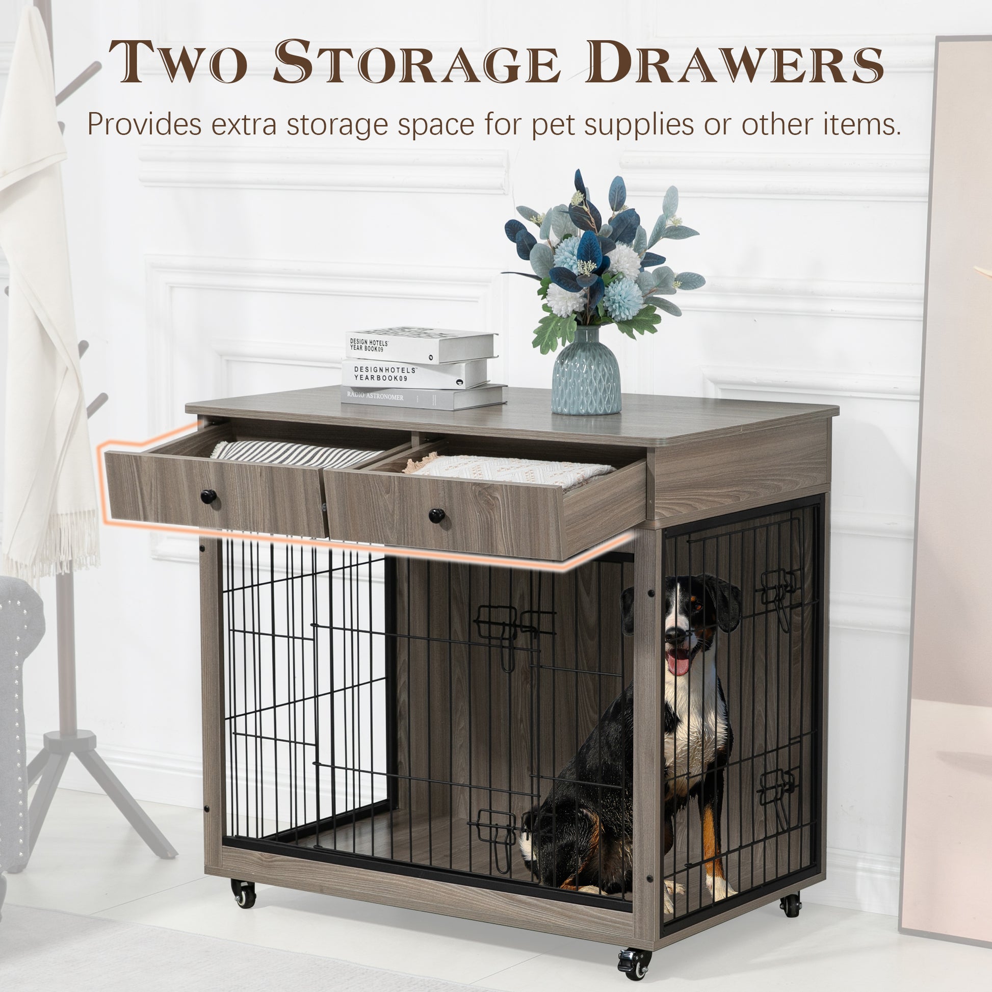 Dog Crate Furniture, Wooden Dog Crate End Table, 38.4 Inch Dog Kennel With 2 Drawers Storage, Heavy Duty Dog Crate, Decorative Pet Crate Dog Cage For Large Indoor Use Grey 38.4" L 23.2" W 35" H Grey Mdf Steel