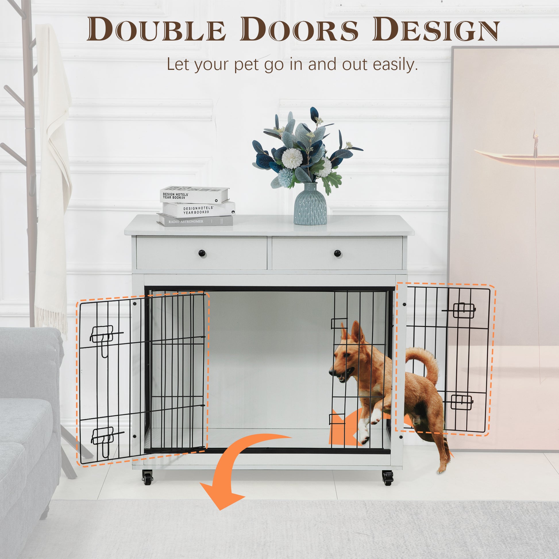 Dog Crate Furniture, Wooden Dog Crate End Table, 38.4 Inch Dog Kennel With 2 Drawers Storage, Heavy Duty Dog Crate, Decorative Pet Crate Dog Cage For Large Indoor Use White 38.4" L 23.2" W 35" H White Mdf Steel