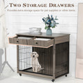 Dog Crate Furniture, Wooden Dog House, Decorative Dog Kennel With Drawer, Indoor Pet Crate End Table For Small Dog, Steel Tube Dog Cage, Chew Proof, Grey 31.7