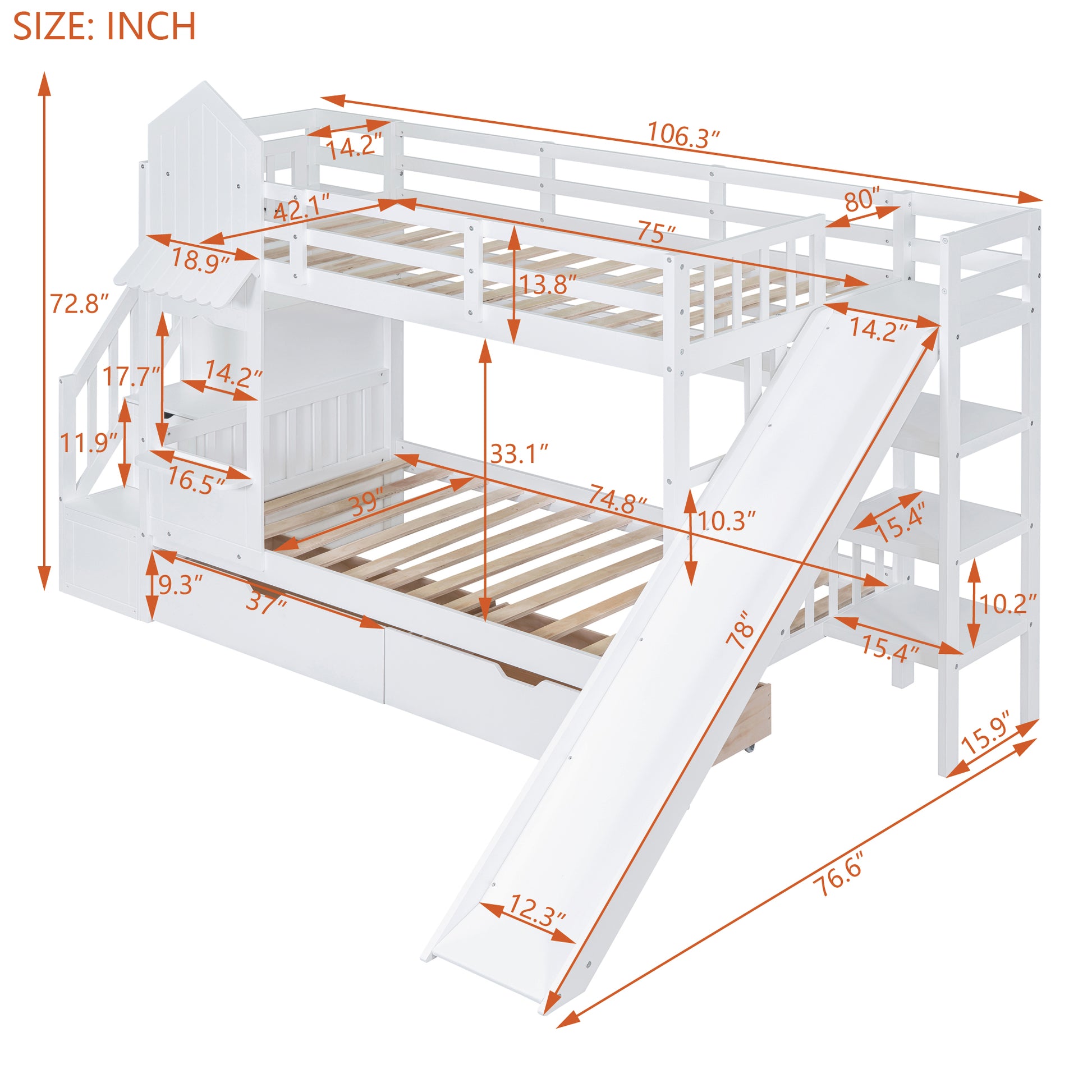 Twin Over Twin Castle Style Bunk Bed With 2 Drawers 3 Shelves And Slide White White Solid Wood