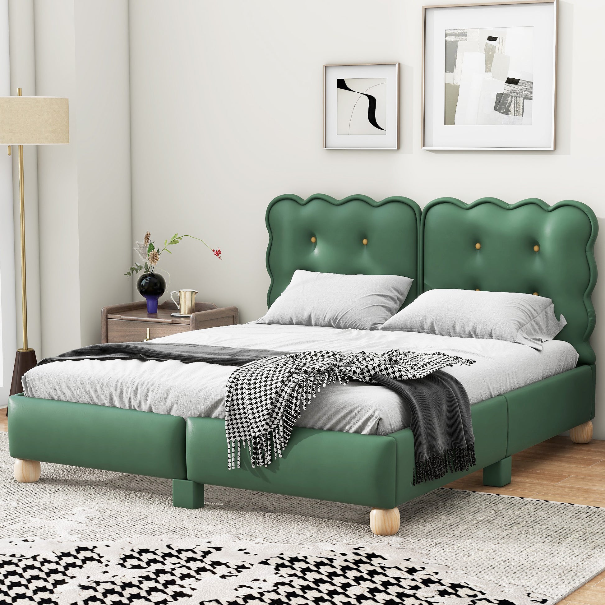 Queen Size Upholstered Platform Bed With Support Legs,Green Green Upholstered