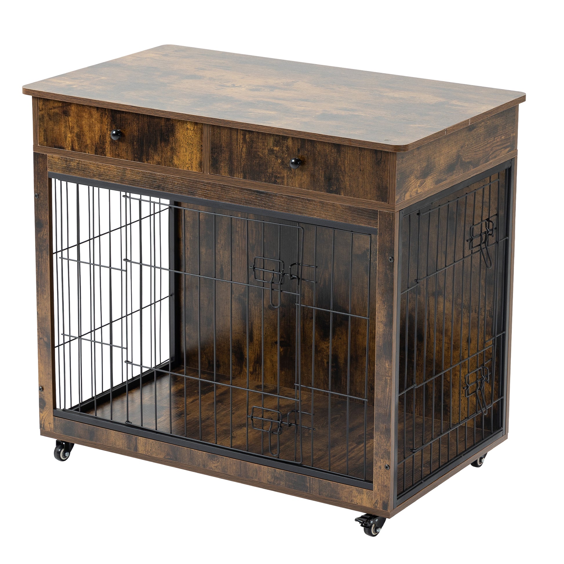 Dog Crate Furniture, Wooden Dog Crate End Table, 38.4 Inch Dog Kennel With 2 Drawers Storage, Heavy Duty Dog Crate, Decorative Pet Crate Dog Cage For Large Indoor Use Rustic Brown 38.4" L 23.2" W 35 Brown Mdf Steel