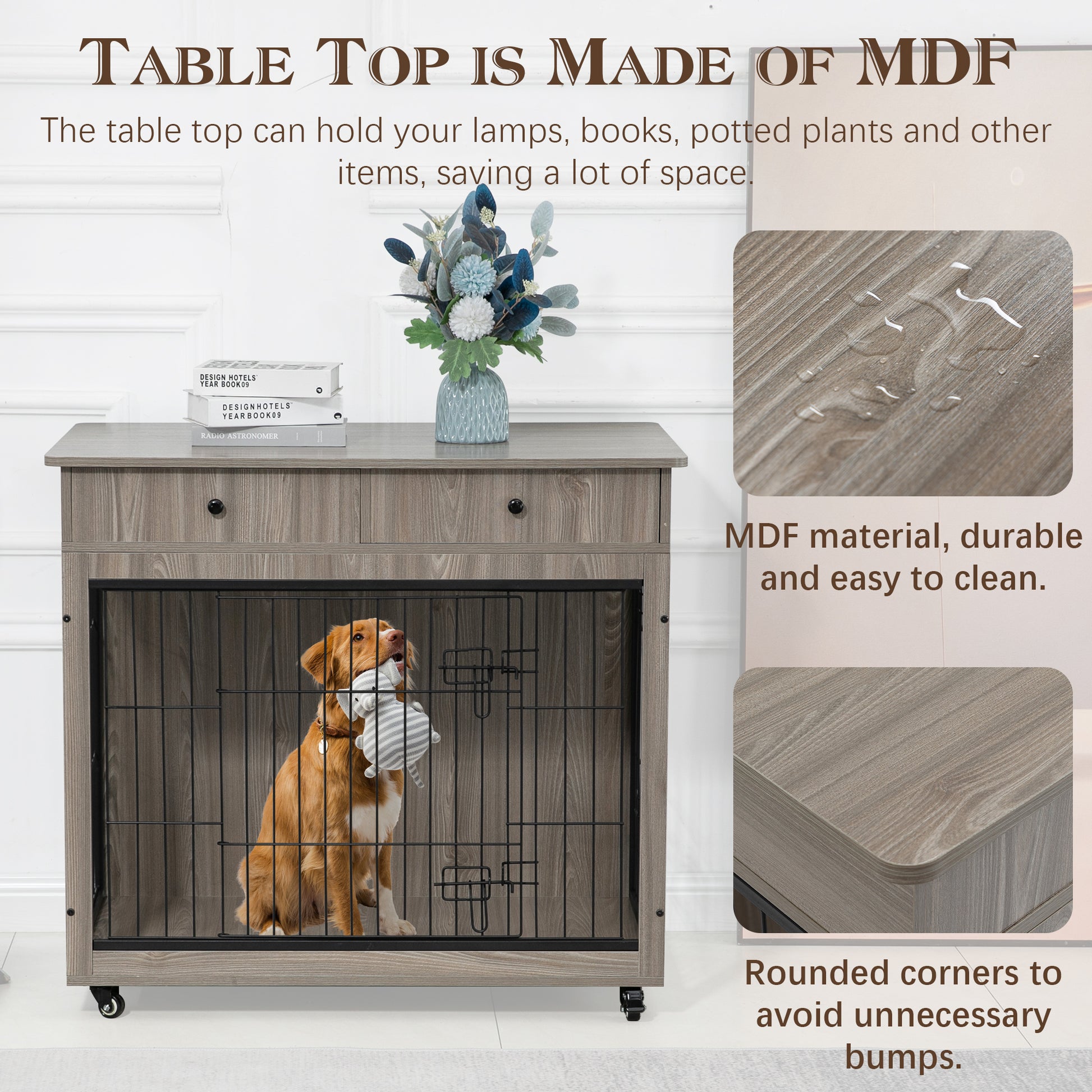 Dog Crate Furniture, Wooden Dog Crate End Table, 38.4 Inch Dog Kennel With 2 Drawers Storage, Heavy Duty Dog Crate, Decorative Pet Crate Dog Cage For Large Indoor Use Grey 38.4" L 23.2" W 35" H Grey Mdf Steel