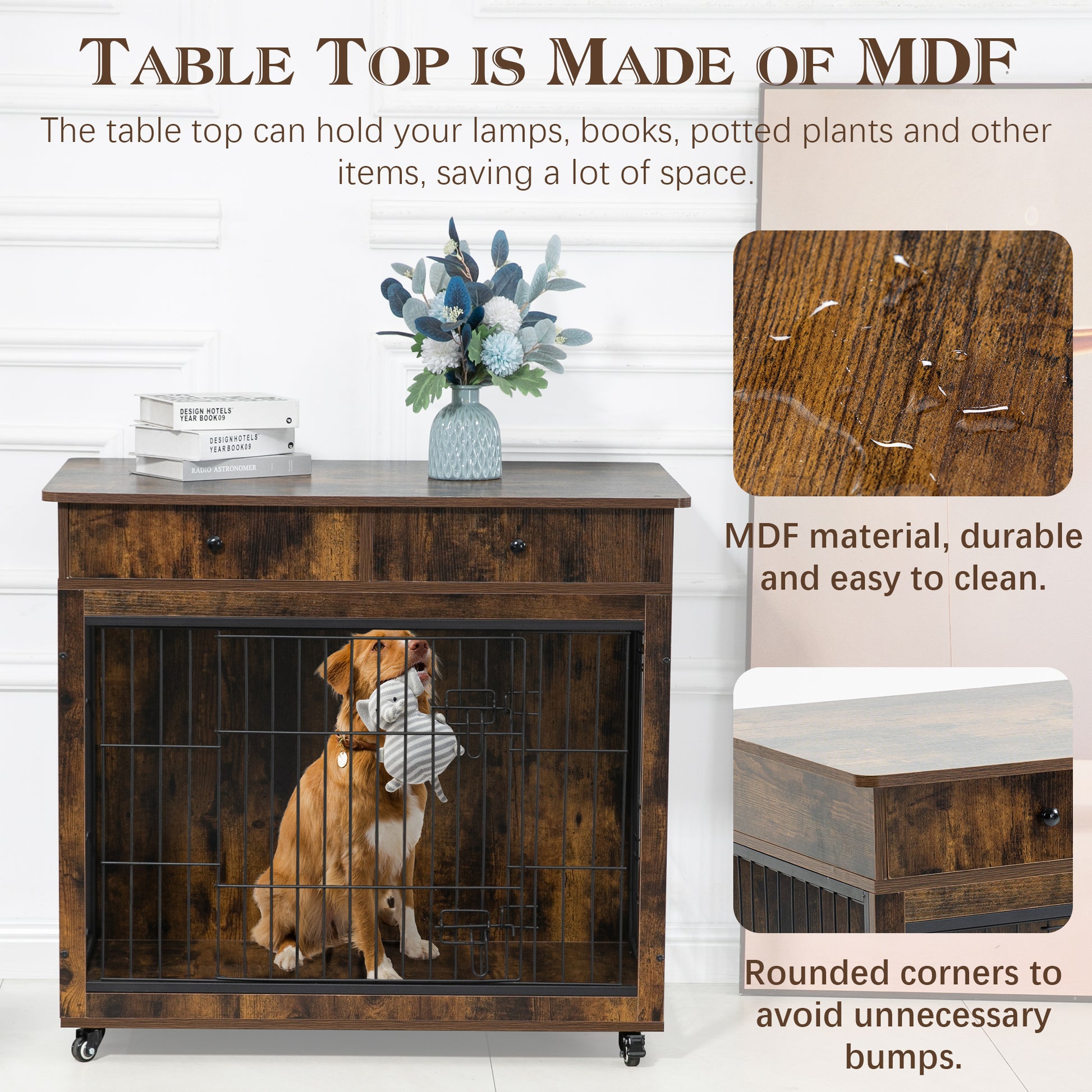 Dog Crate Furniture, Wooden Dog Crate End Table, 38.4 Inch Dog Kennel With 2 Drawers Storage, Heavy Duty Dog Crate, Decorative Pet Crate Dog Cage For Large Indoor Use Rustic Brown 38.4" L 23.2" W 35 Brown Mdf Steel