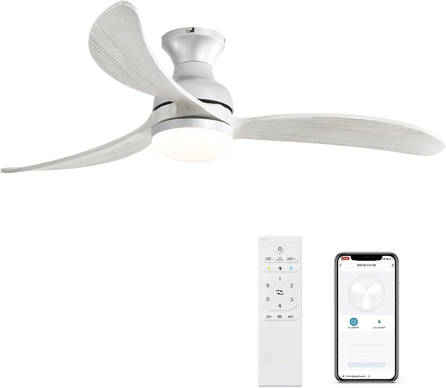 52 Inch Modern Ceiling Fan With 3 Color Dimmable Solid Wood Blades Remote Control Reversible Dc Motor For Bedroom Silver Metal & Wood
