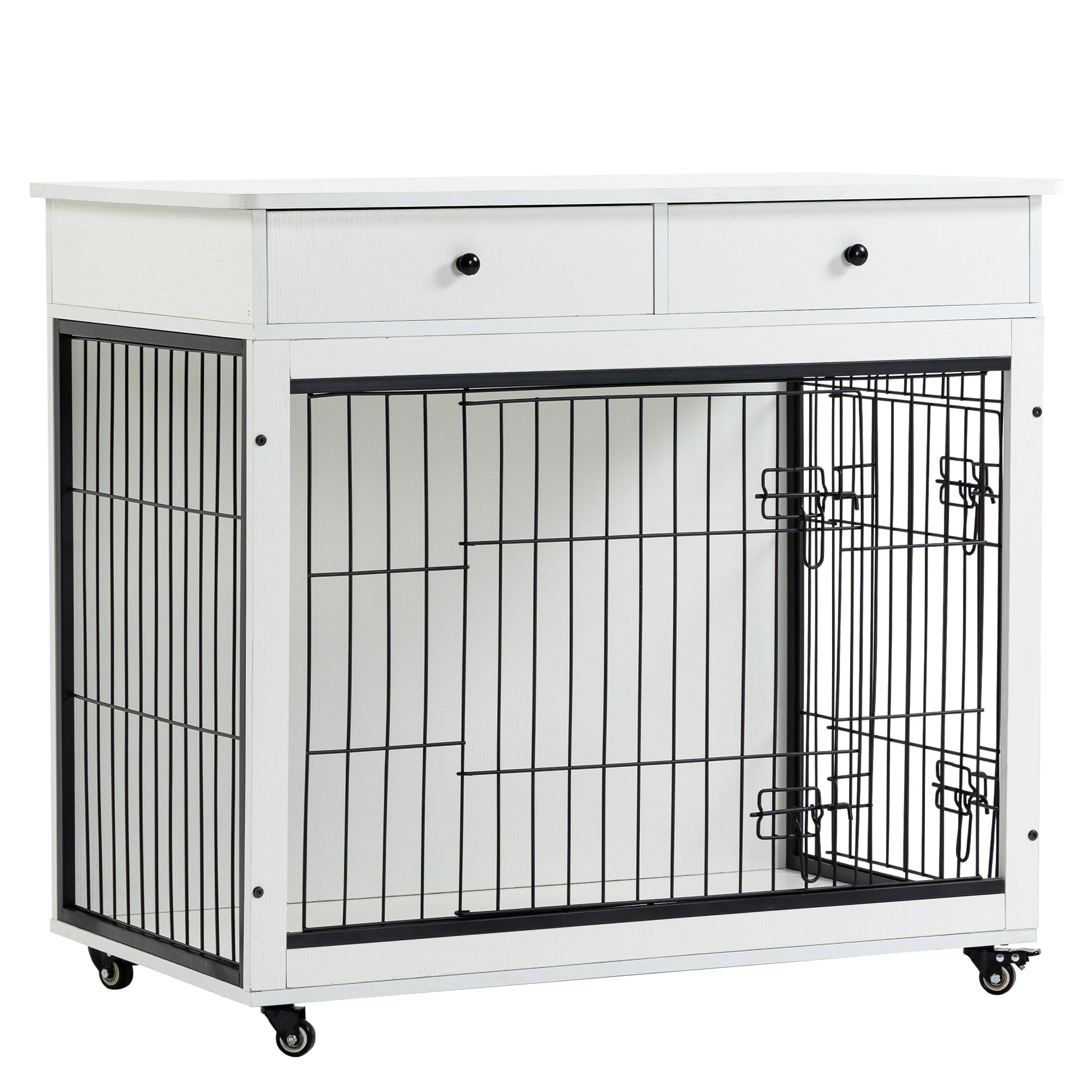 Dog Crate Furniture, Wooden Dog Crate End Table, 38.4 Inch Dog Kennel With 2 Drawers Storage, Heavy Duty Dog Crate, Decorative Pet Crate Dog Cage For Large Indoor Use White 38.4" L 23.2" W 35" H White Mdf Steel