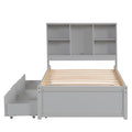 Modern Twin Size Bed Frame With Built In Usb Port On Bookcase Headboard And 2 Drawers For Grey Color Box Spring Not Required Twin Grey Bedroom Bed Frame Particle Board