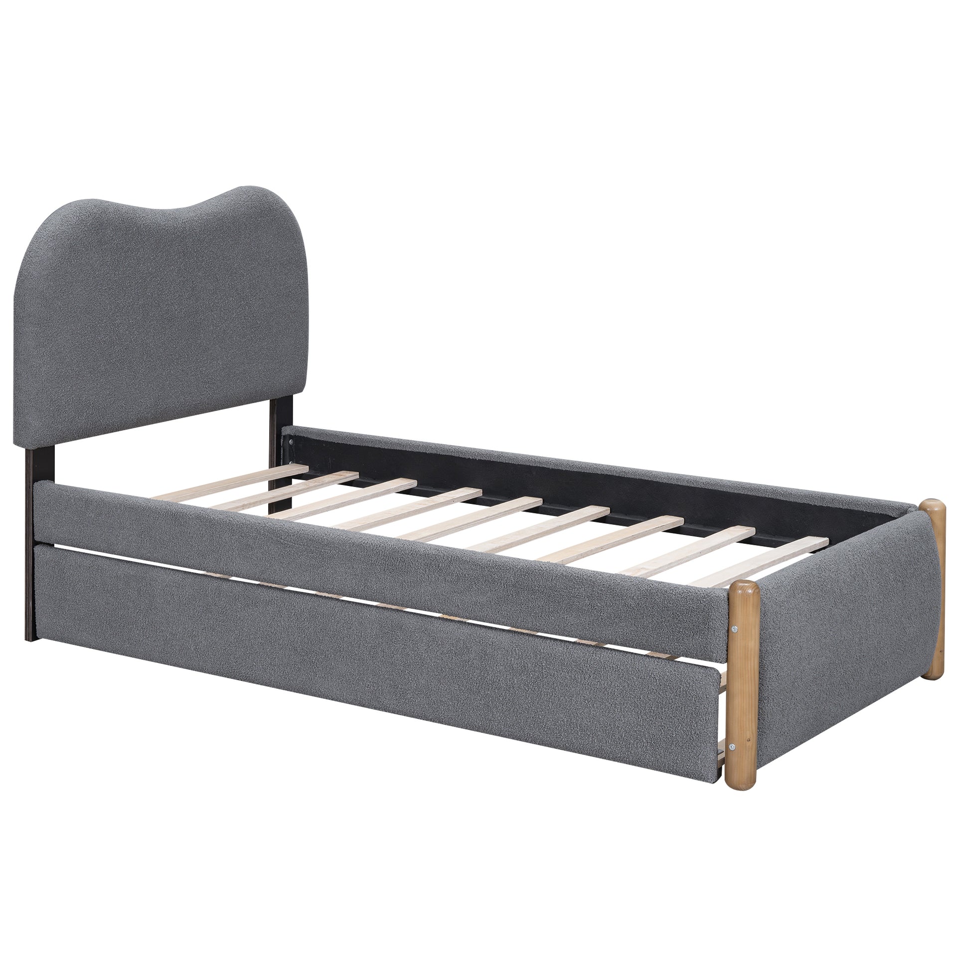 Twin Size Upholstered Platform Bed With Wood Supporting Feet And Twin Size Trundle, Gray Box Spring Not Required Twin Gray Wood Bedroom Bed Frame Upholstered