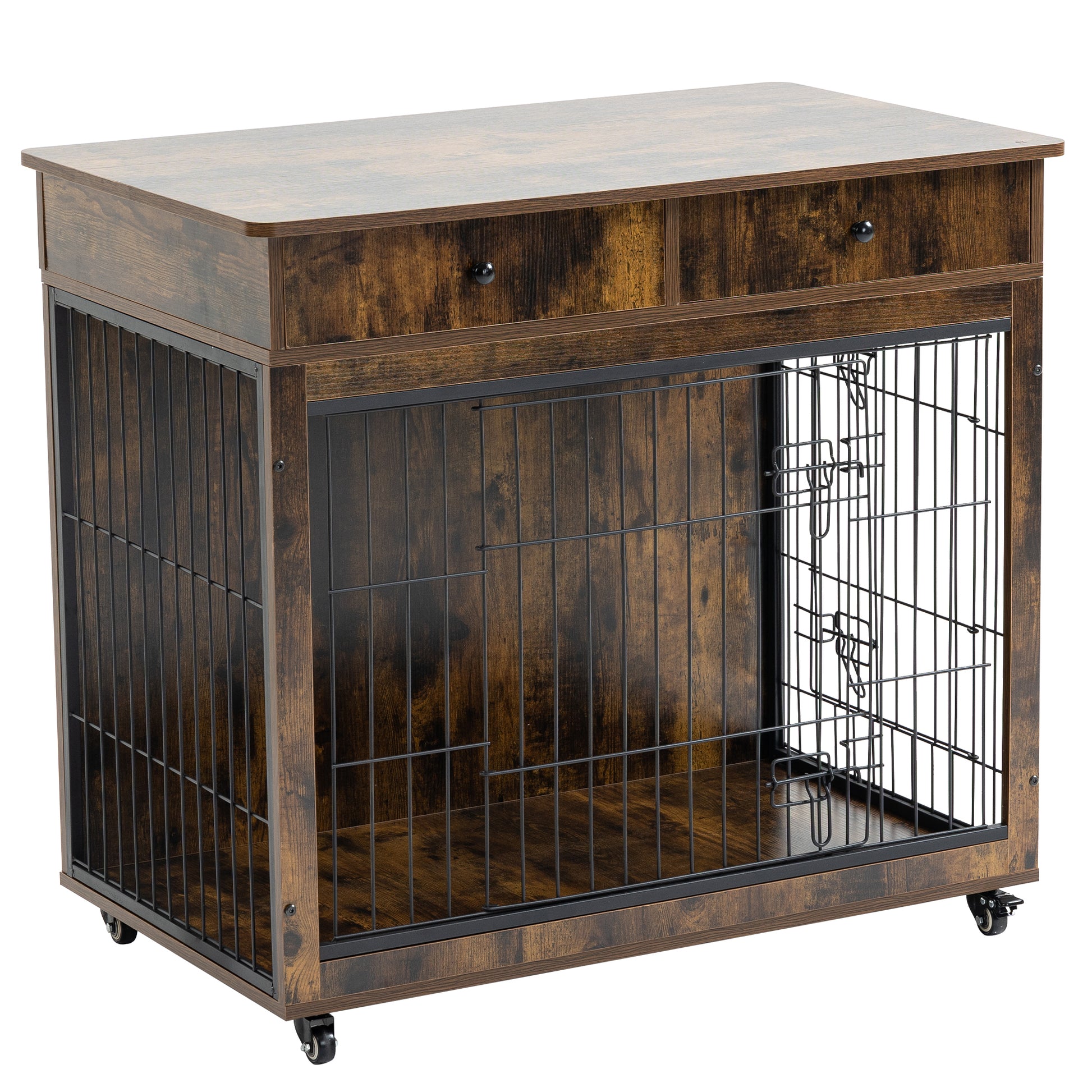 Dog Crate Furniture, Wooden Dog House, Decorative Dog Kennel With Drawer, Indoor Pet Crate End Table For Small Dog, Steel Tube Dog Cage, Chew Proof, Rustic Brown 31.7" L 23.2" W 33" H Brown Mdf Steel