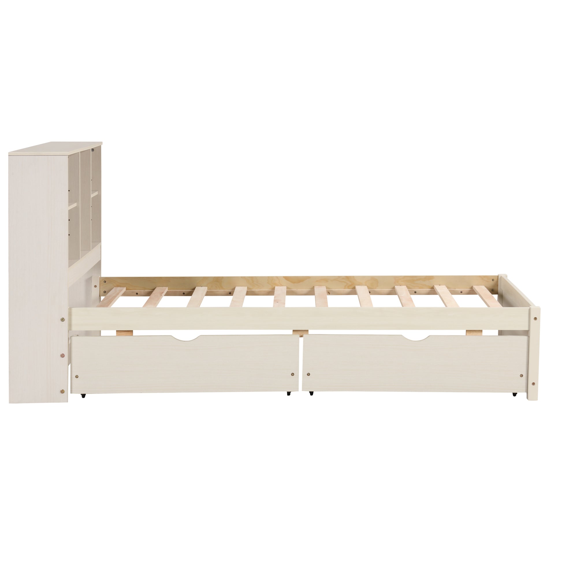Modern Twin Size Bed Frame With Built In Usb Port On Bookcase Headboard And 2 Drawers For White Washed Color Box Spring Not Required Twin White Washed Bedroom Bed Frame Particle Board