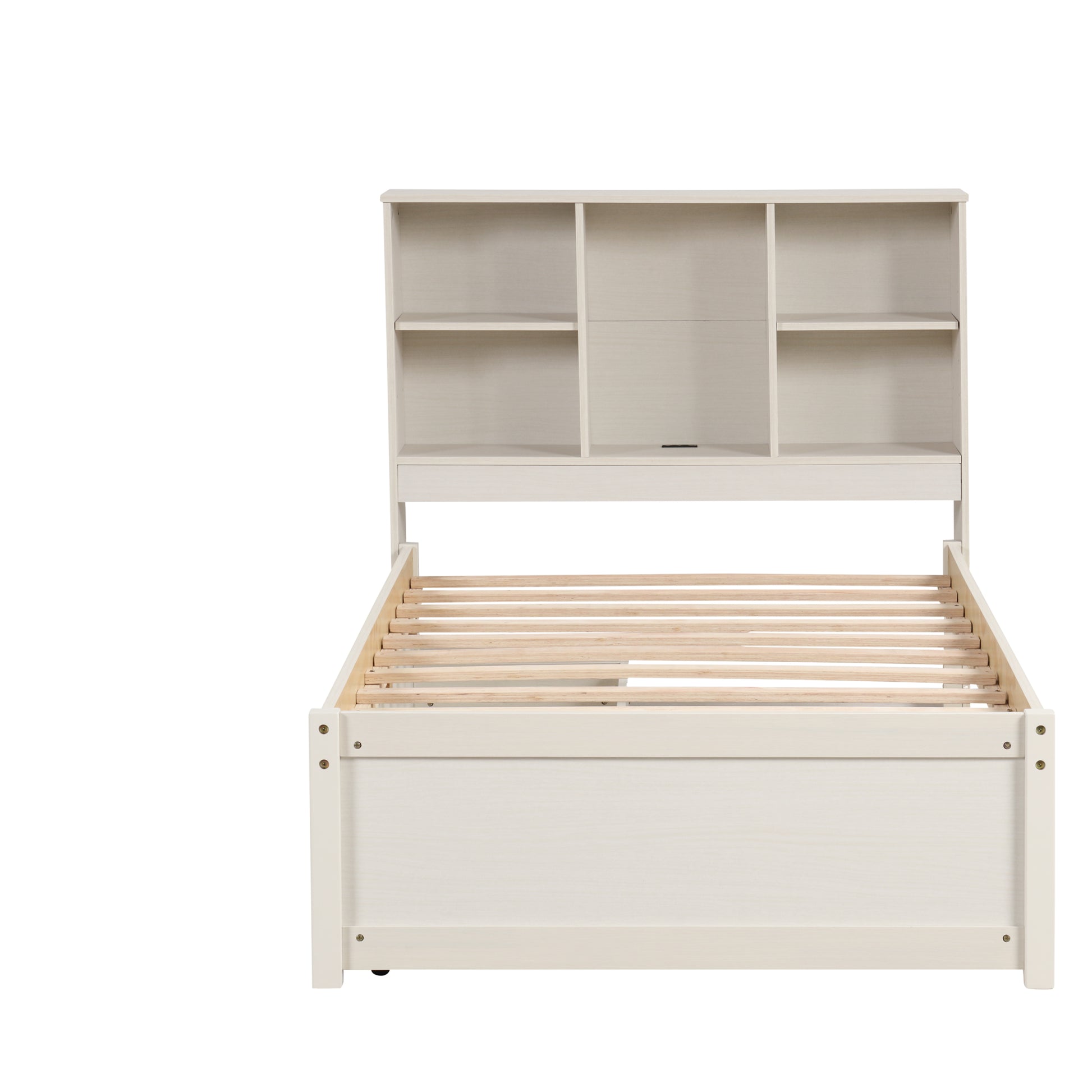 Modern Twin Size Bed Frame With Built In Usb Port On Bookcase Headboard And 2 Drawers For White Washed Color Box Spring Not Required Twin White Washed Bedroom Bed Frame Particle Board