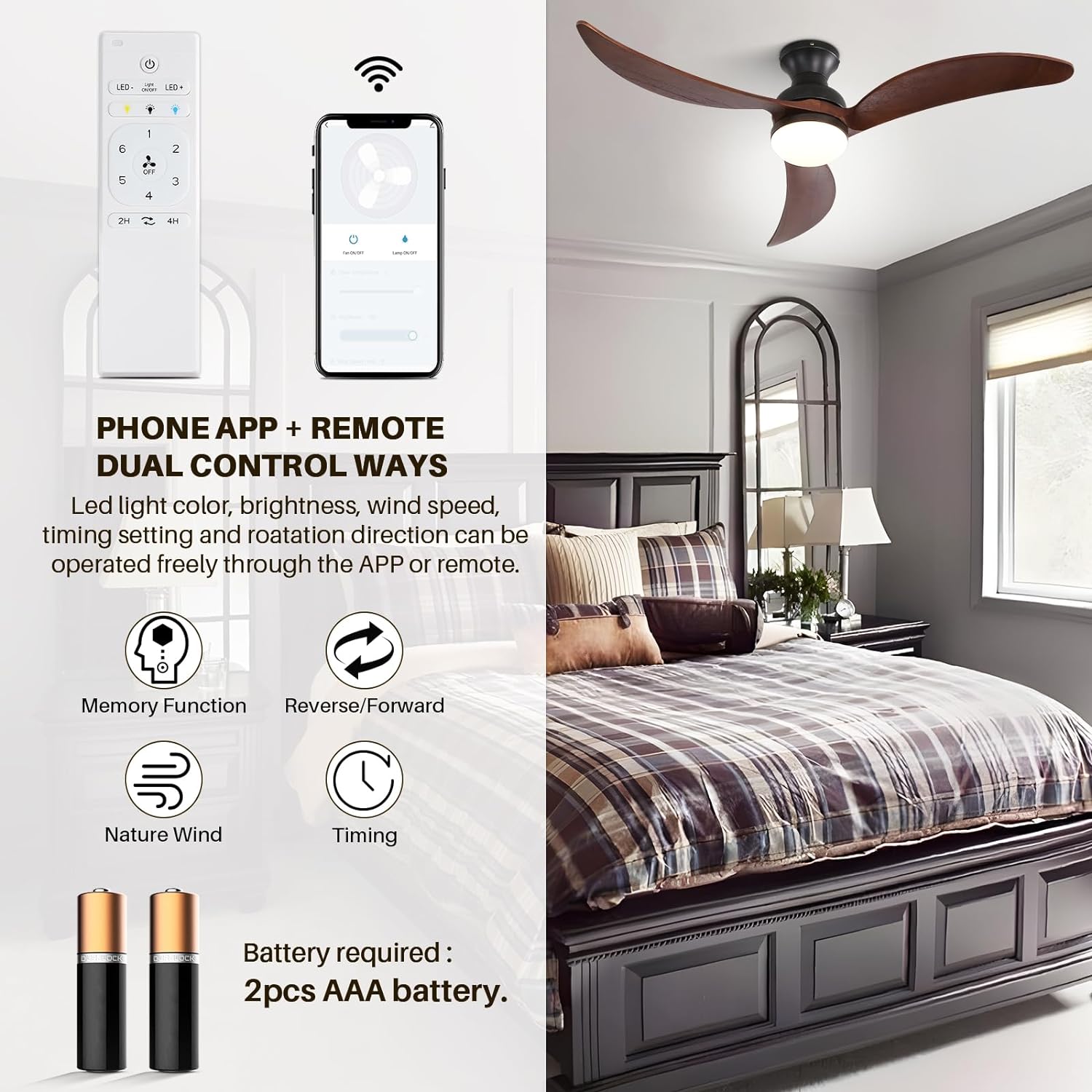 52 Inch Modern Ceiling Fan With 3 Color Dimmable Solid Wood Blades Remote Control Reversible Dc Motor For Bedroom Black Metal & Wood