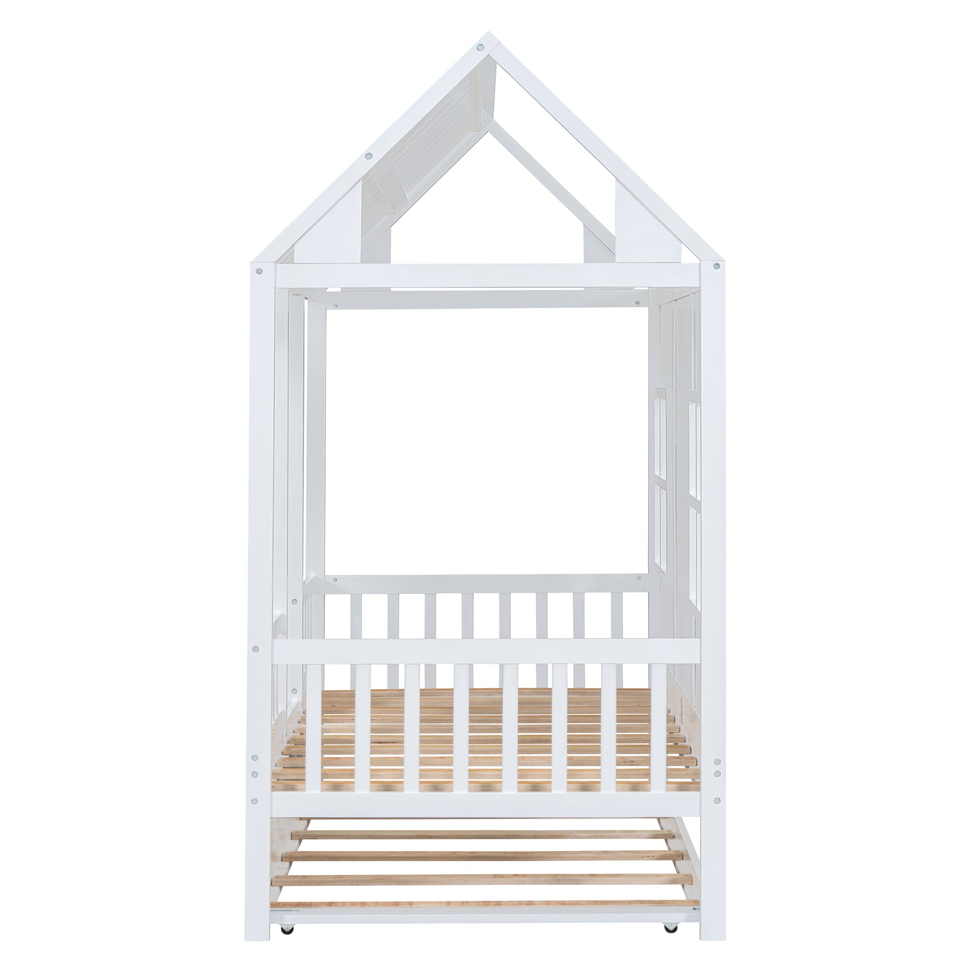 Twin Size Wood House Bed With Twin Size Trundle, Wooden Daybed, White White Solid Wood