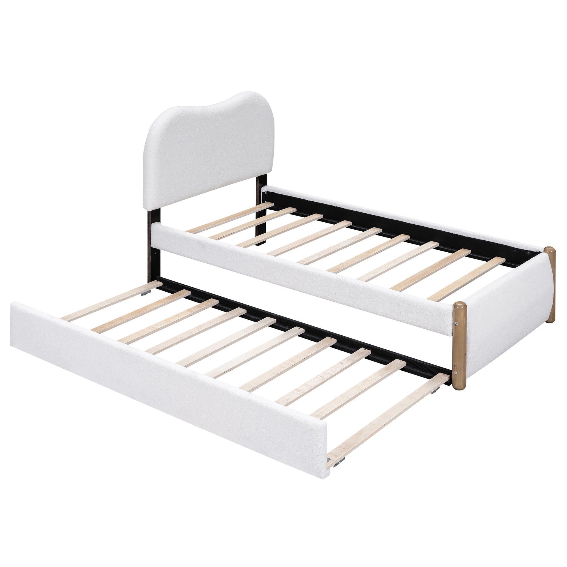 Twin Size Upholstered Platform Bed With Wood Supporting Feet And Twin Size Trundle, White Box Spring Not Required Twin White Wood Bedroom Bed Frame Upholstered