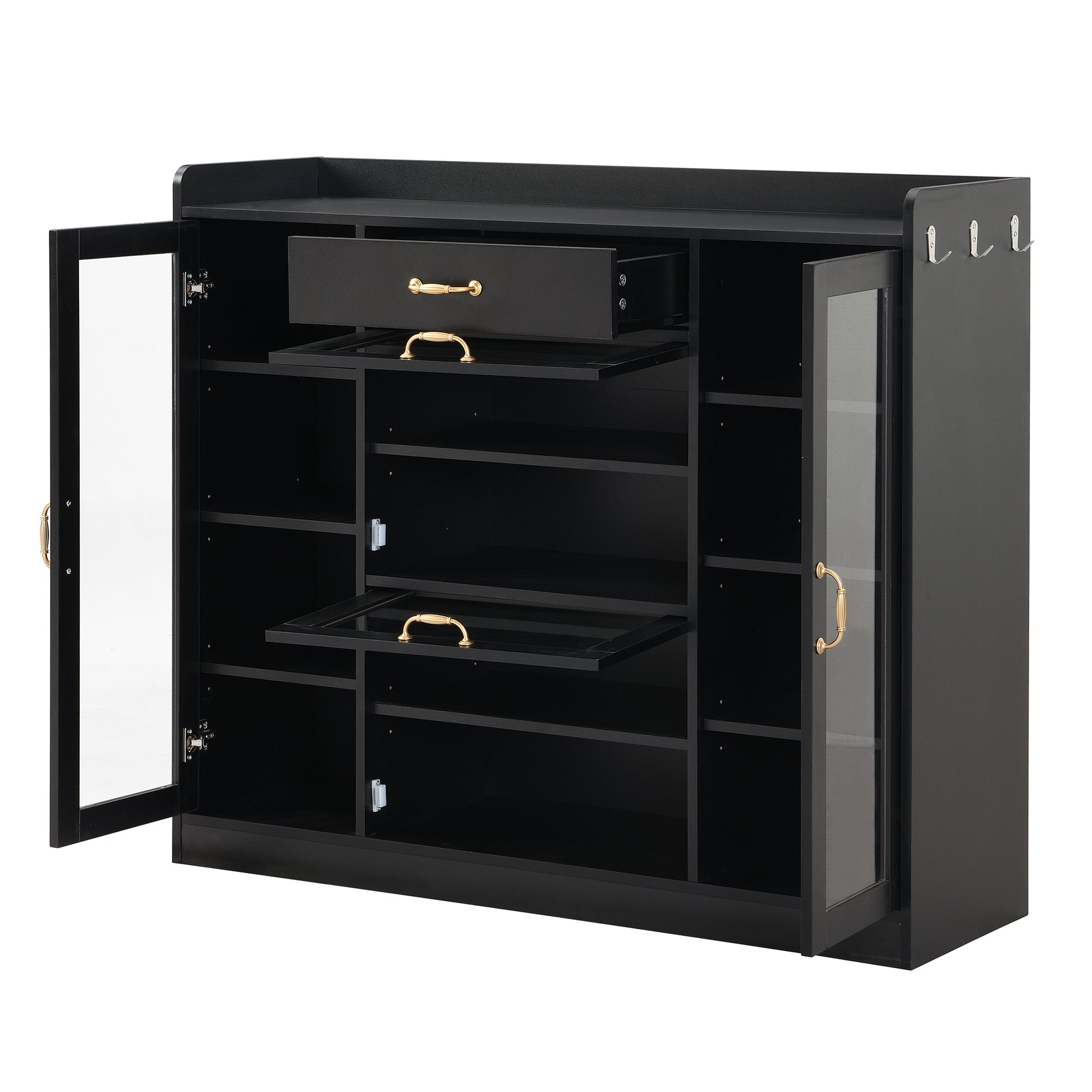 Modernist Side Cabinet With 4 Glass Doors & 3 Hooks, Freestanding Shoe Rack With Multiple Adjustable Shelves, Versatile Display Cabinet With Gold Handles For Hallway, Living Room, Black 5 Or More Spaces Black Primary Living Space Adjustable Shelves