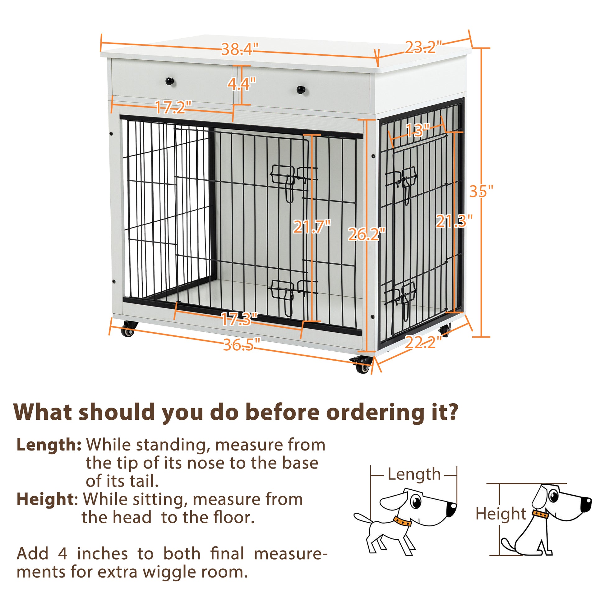 Dog Crate Furniture, Wooden Dog Crate End Table, 38.4 Inch Dog Kennel With 2 Drawers Storage, Heavy Duty Dog Crate, Decorative Pet Crate Dog Cage For Large Indoor Use White 38.4" L 23.2" W 35" H White Mdf Steel