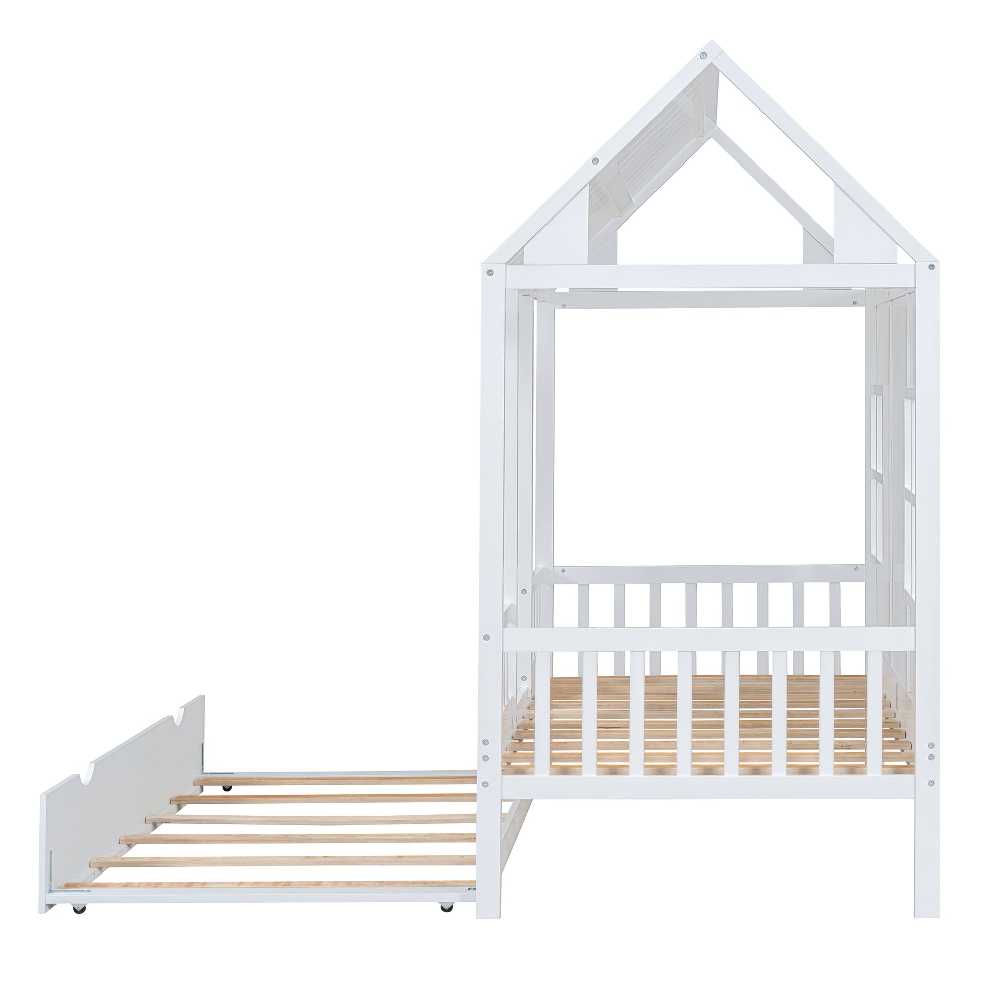 Twin Size Wood House Bed With Twin Size Trundle, Wooden Daybed, White White Solid Wood