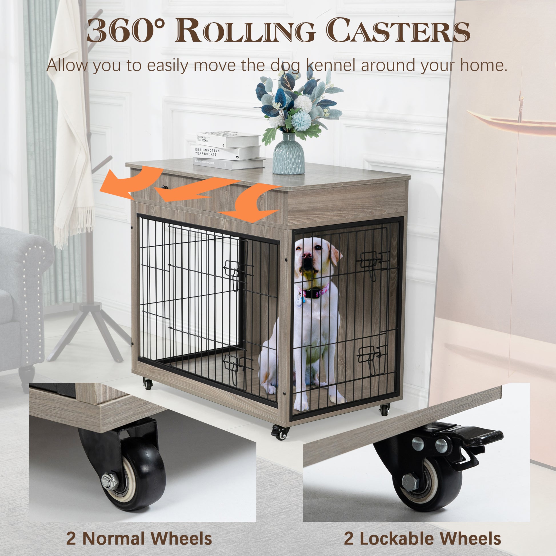 Dog Crate Furniture, Wooden Dog Crate End Table, 38.4 Inch Dog Kennel With 2 Drawers Storage, Heavy Duty Dog Crate, Decorative Pet Crate Dog Cage For Large Indoor Use Grey 38.4" L 23.2" W 35" H Grey Mdf Steel