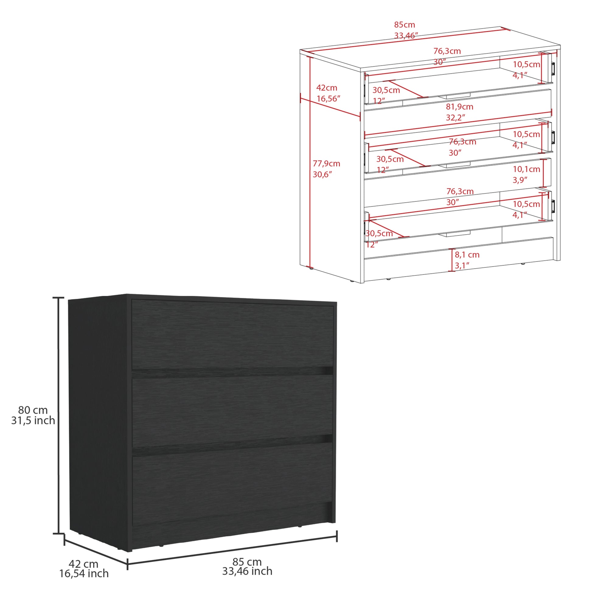 Beloit 3 Piece Bedroom Set, Nightstand Dresser Armoire, Black Black Particle Board Engineered Wood