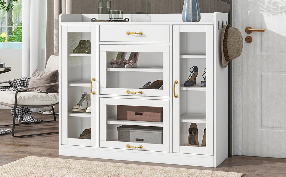 Modernist Side Cabinet With 4 Glass Doors & 3 Hooks, Freestanding Shoe Rack With Multiple Adjustable Shelves, Versatile Display Cabinet With Gold Handles For Hallway, Living Room, White 5 Or More Spaces White Primary Living Space Adjustable Shelves