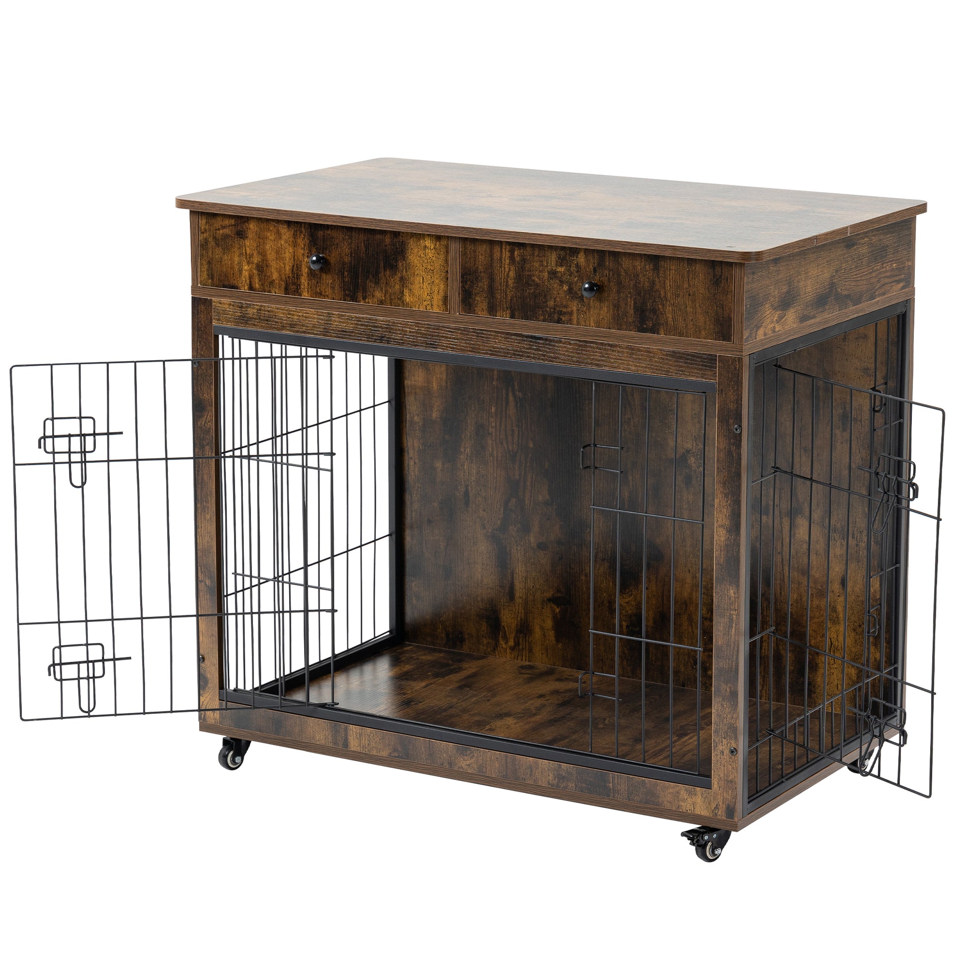 Dog Crate Furniture, Wooden Dog Crate End Table, 38.4 Inch Dog Kennel With 2 Drawers Storage, Heavy Duty Dog Crate, Decorative Pet Crate Dog Cage For Large Indoor Use Rustic Brown 38.4" L 23.2" W 35 Brown Mdf Steel