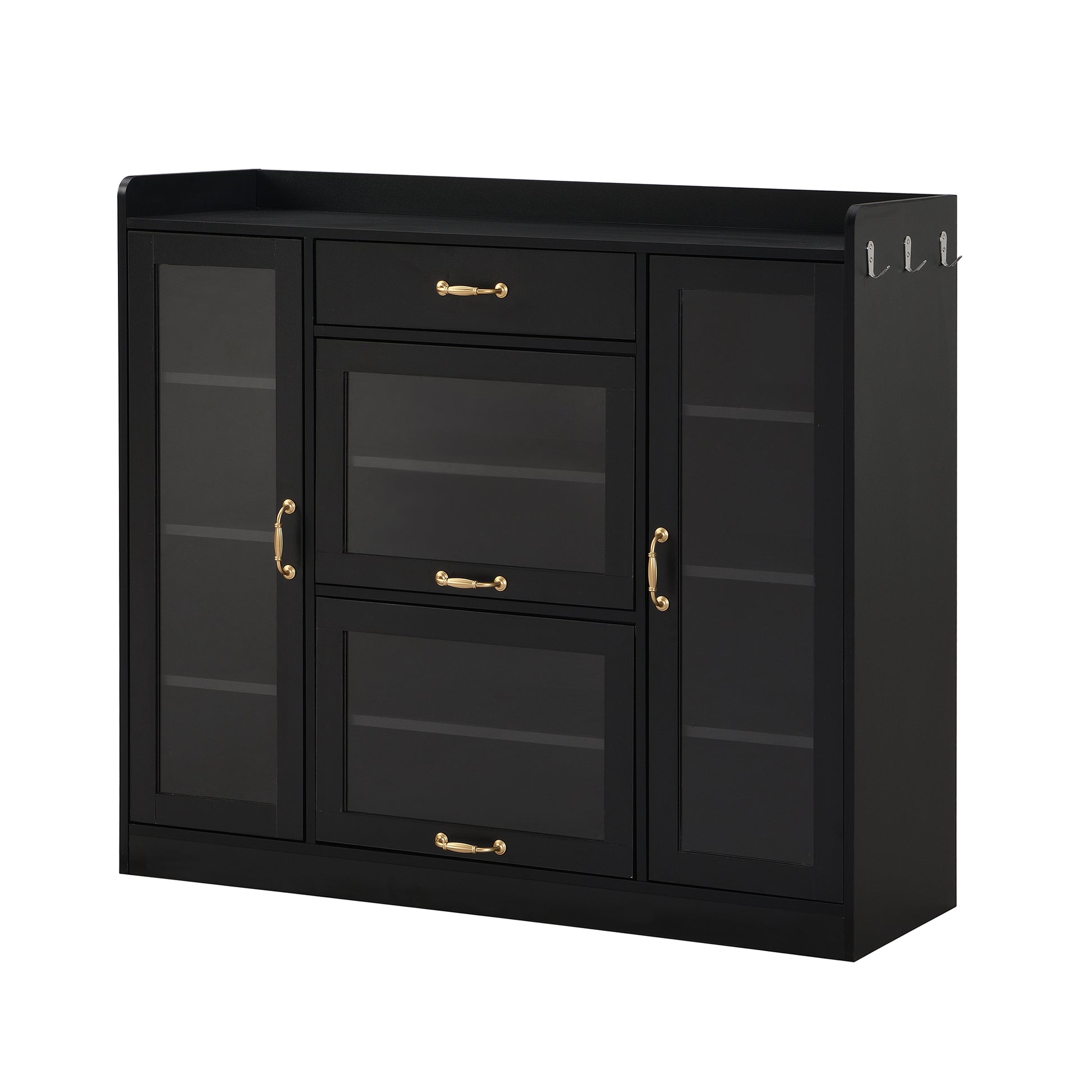 Modernist Side Cabinet With 4 Glass Doors & 3 Hooks, Freestanding Shoe Rack With Multiple Adjustable Shelves, Versatile Display Cabinet With Gold Handles For Hallway, Living Room, Black 5 Or More Spaces Black Primary Living Space Adjustable Shelves