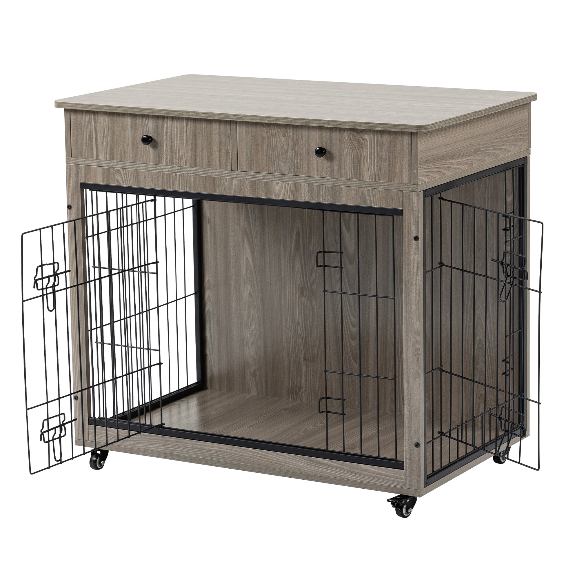 Dog Crate Furniture, Wooden Dog House, Decorative Dog Kennel With Drawer, Indoor Pet Crate End Table For Small Dog, Steel Tube Dog Cage, Chew Proof, Grey 31.7" L 23.2" W 33" H Grey Mdf Steel