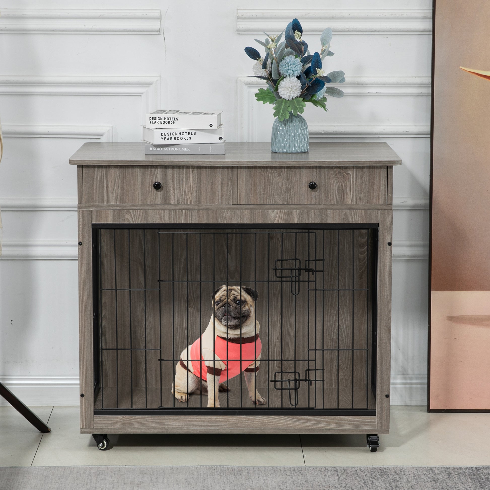 Dog Crate Furniture, Wooden Dog House, Decorative Dog Kennel With Drawer, Indoor Pet Crate End Table For Small Dog, Steel Tube Dog Cage, Chew Proof, Grey 31.7" L 23.2" W 33" H Grey Mdf Steel