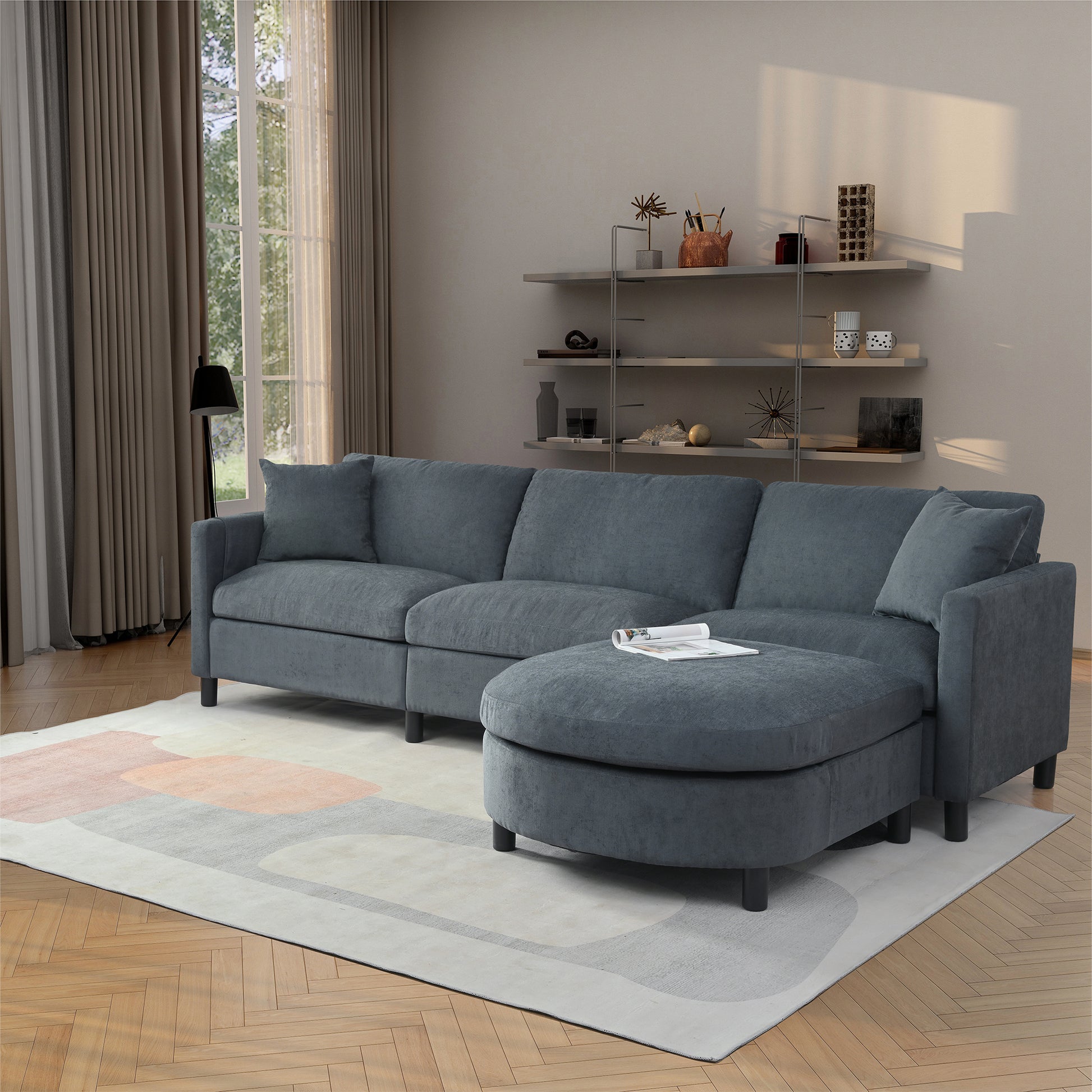 107.87'Sectional Sofa Couch With 1 Ottoman,Seat Cushion And Back Cushion Removable Dark Gray Polyester