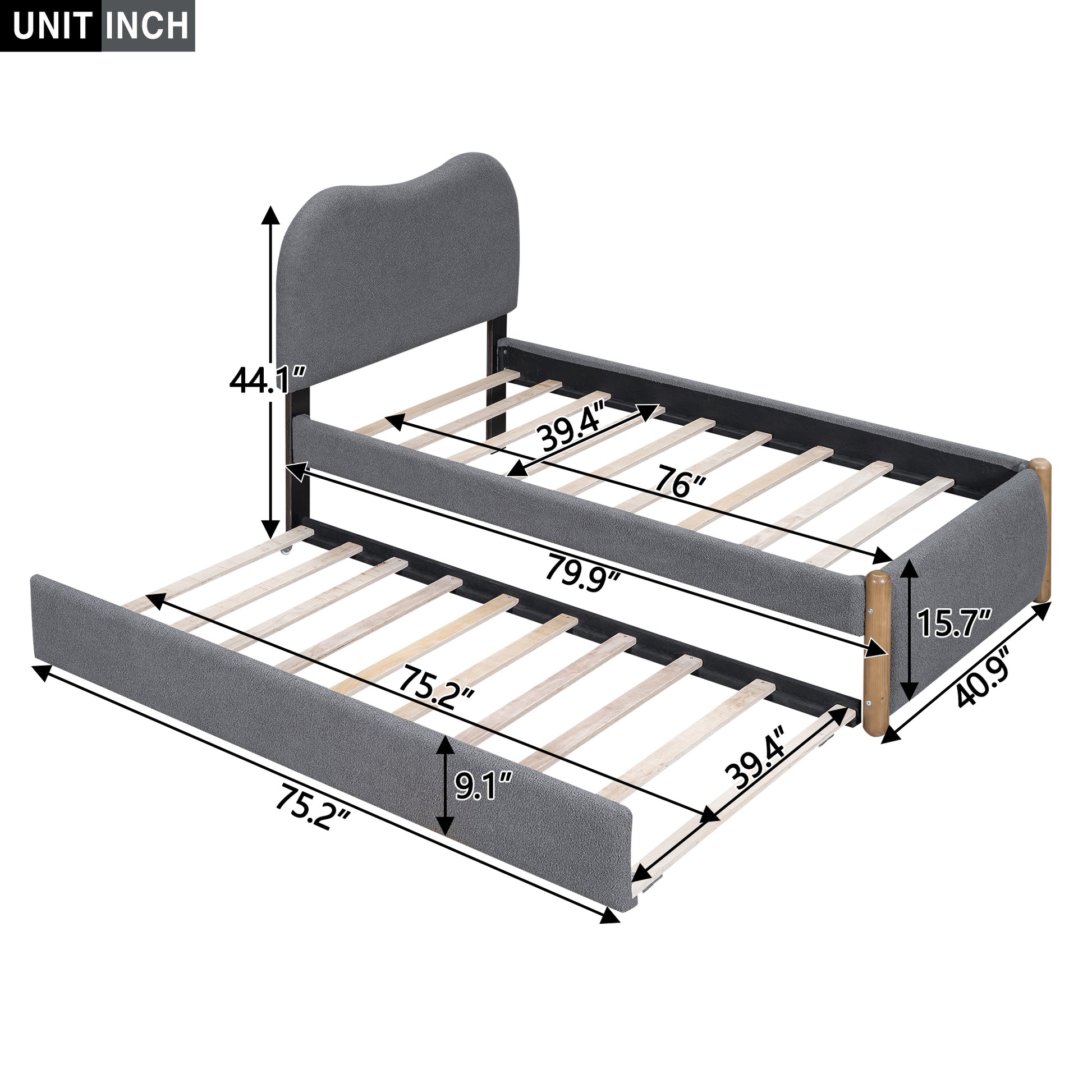 Twin Size Upholstered Platform Bed With Wood Supporting Feet And Twin Size Trundle, Gray Box Spring Not Required Twin Gray Wood Bedroom Bed Frame Upholstered