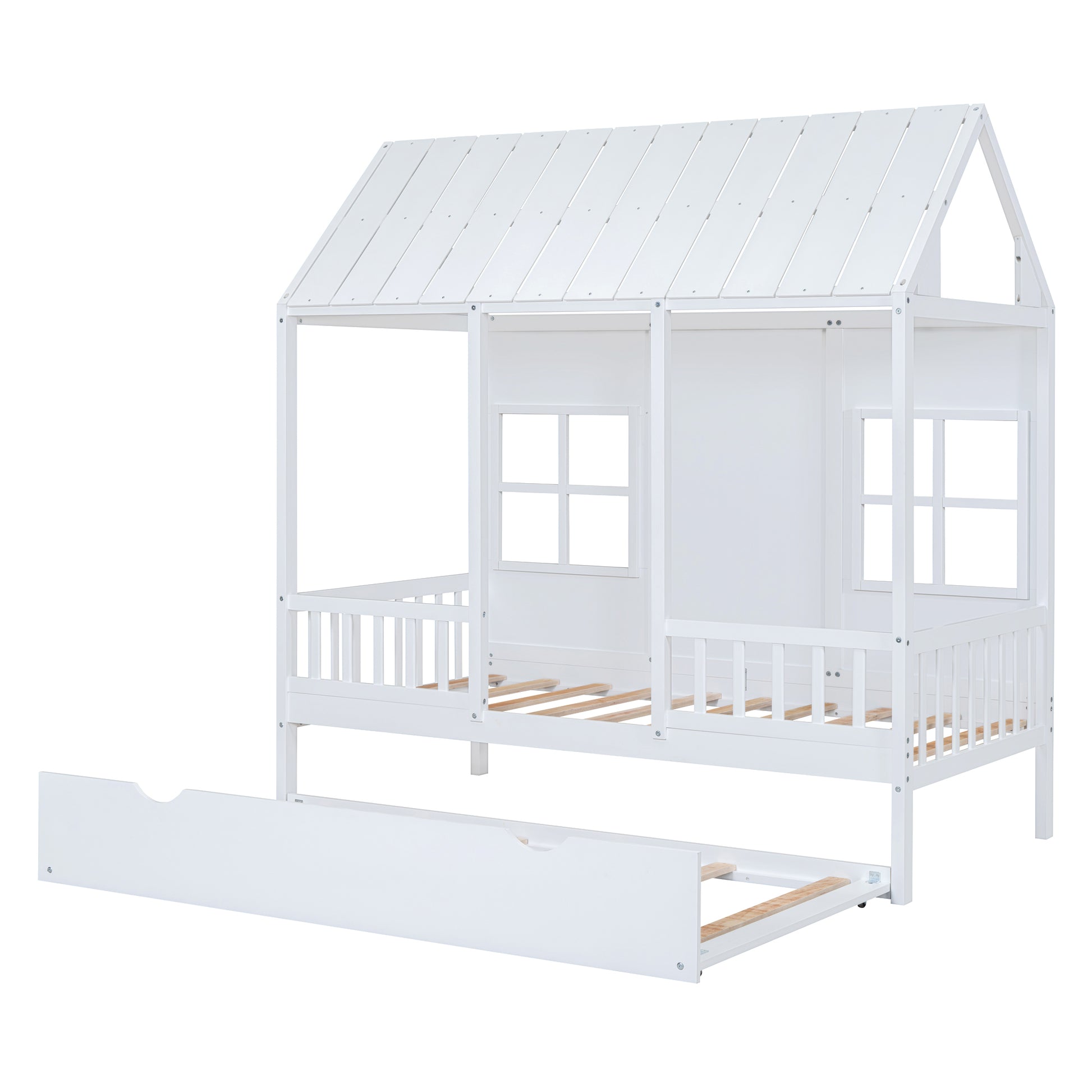 Twin Size Wood House Bed With Twin Size Trundle, Wooden Daybed, White White Solid Wood