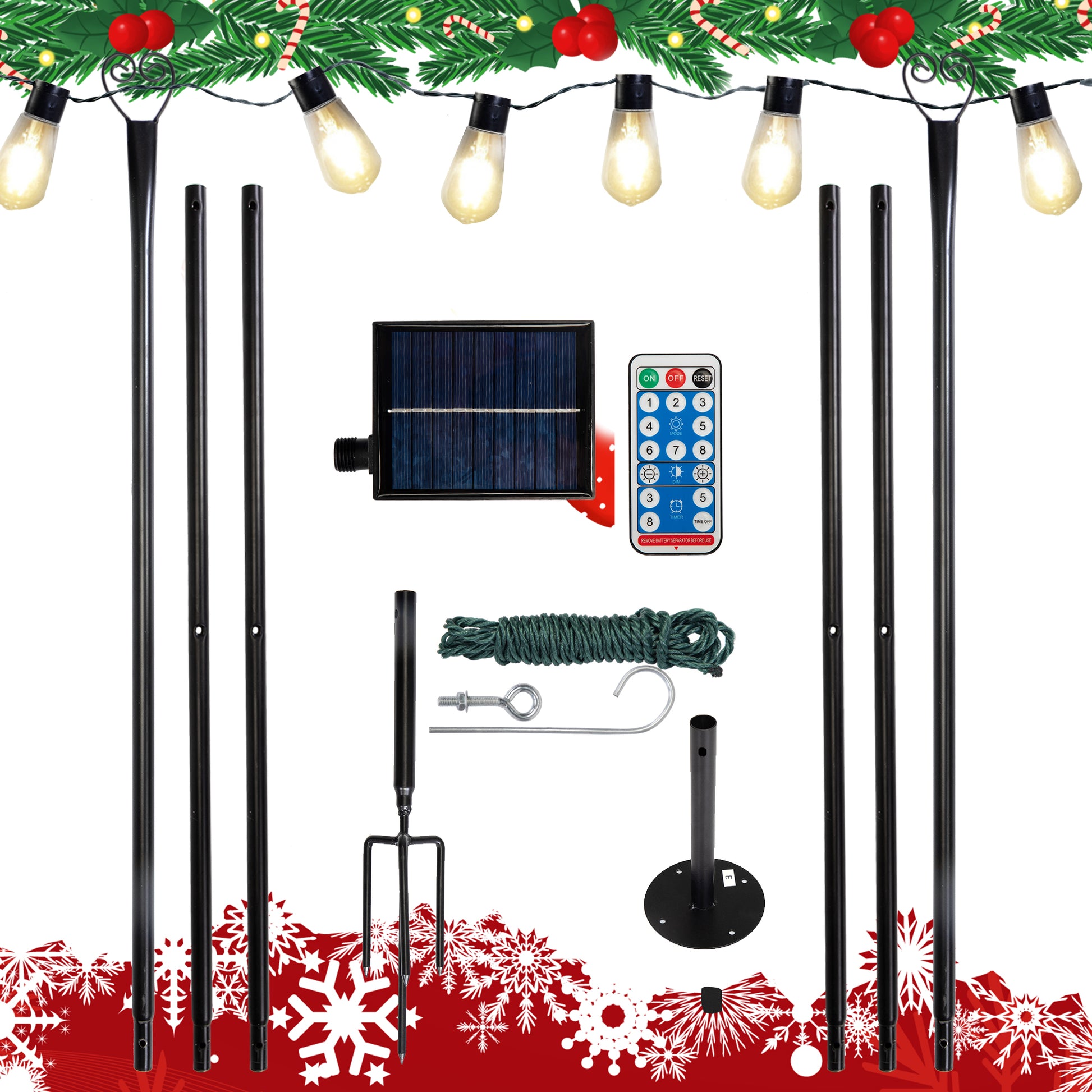 Set Of 6 Rc String Light Pole, 9 Ft Lighting Stand With Horn Shape Hooks, Led Solar Bulbs For Parties, Christmas Black Metal