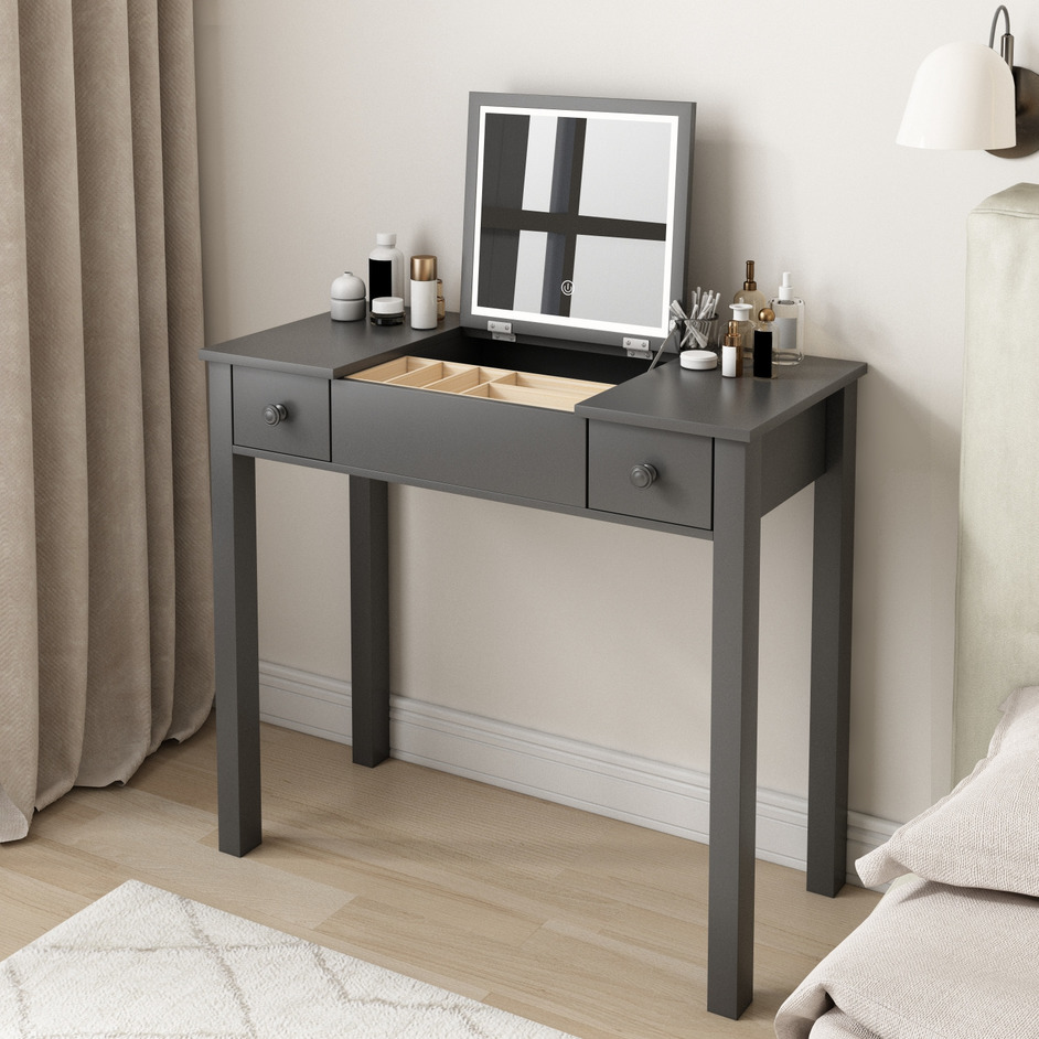 Sleek Grey Vanity Table With Led Lights, Flip Top Mirror And 2 Drawers, Jewelry Storage For Women Dressing Grey 2 Drawers Mdf
