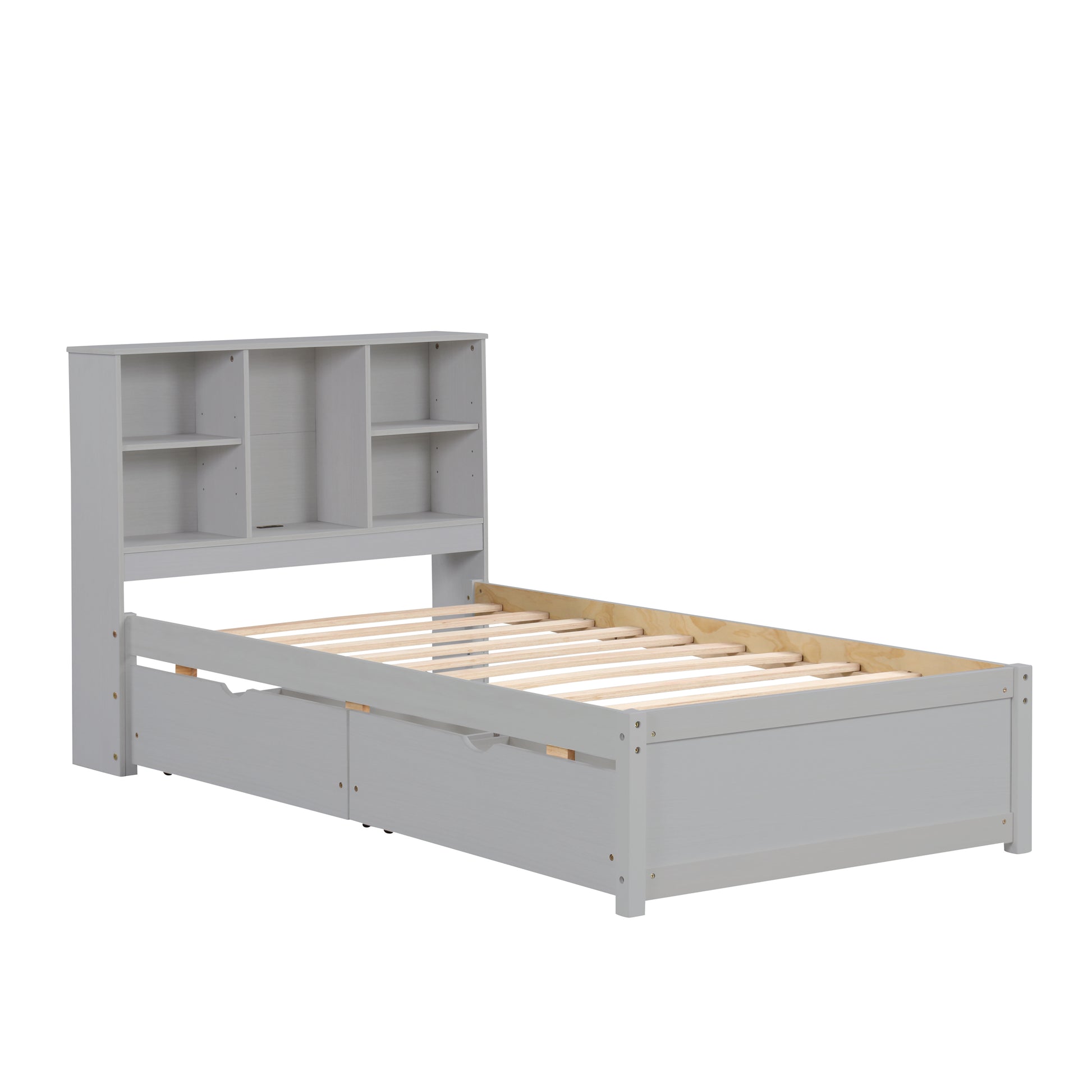 Modern Twin Size Bed Frame With Built In Usb Port On Bookcase Headboard And 2 Drawers For Grey Color Box Spring Not Required Twin Grey Bedroom Bed Frame Particle Board