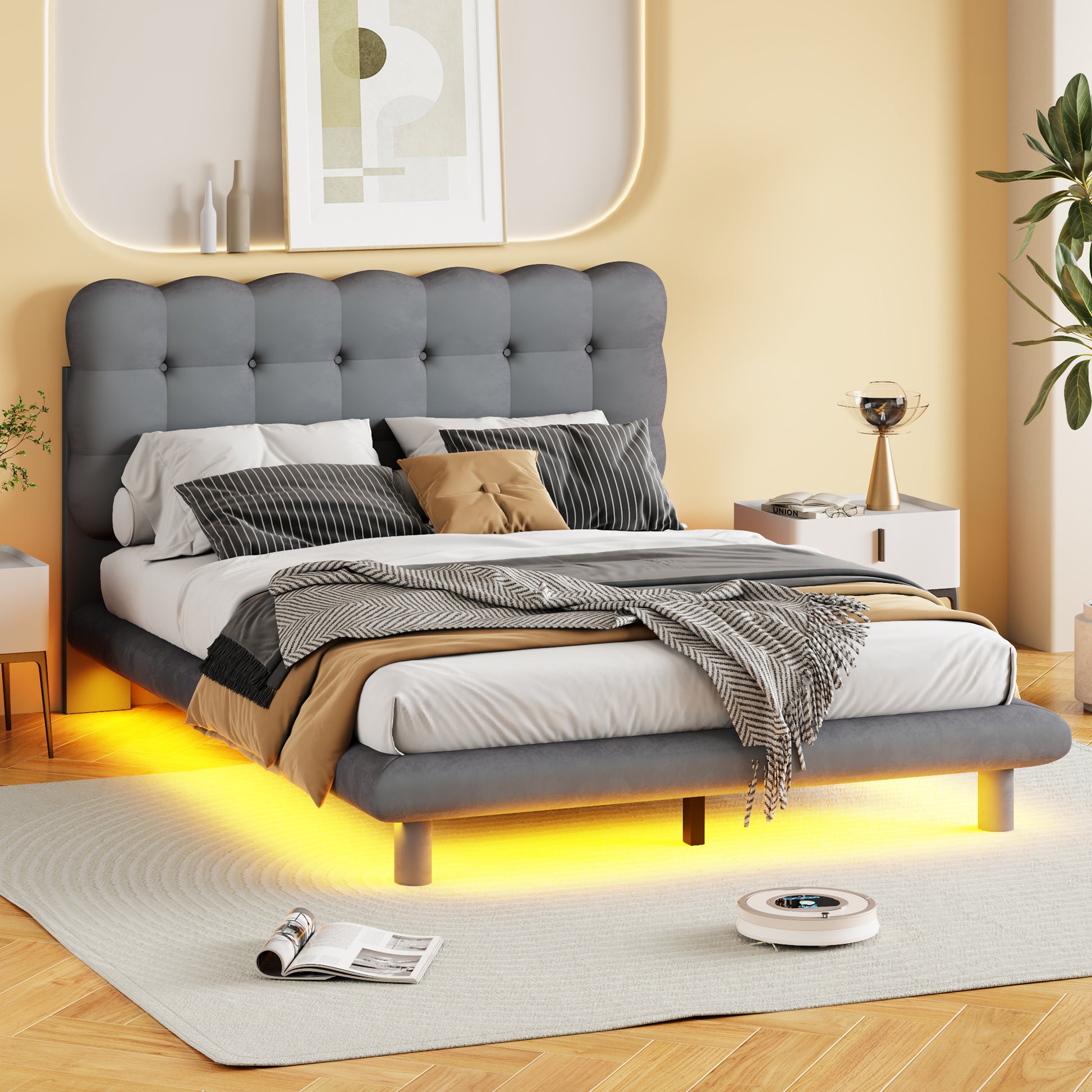 Full Size Velvet Platform Bed With Led Frame, Thick & Soft Fabric And Button Tufted Design Headboard, Gray Gray Velvet