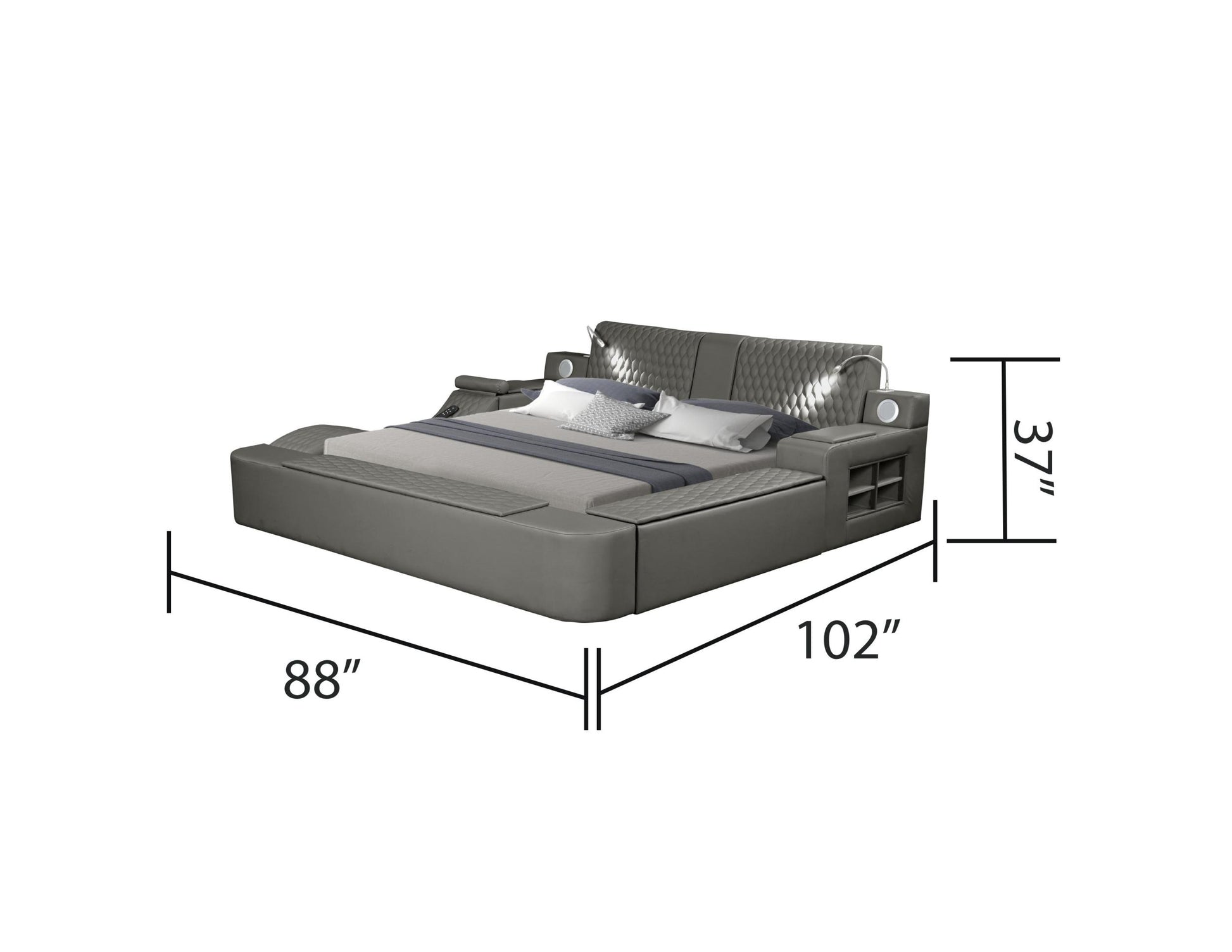 Zoya Smart Multifunctional Queen Size Bed Made With Wood In Gray Box Spring Not Required Queen Gray Wood Bedroom Contemporary,Modern Slat Beds Upholstered Wood