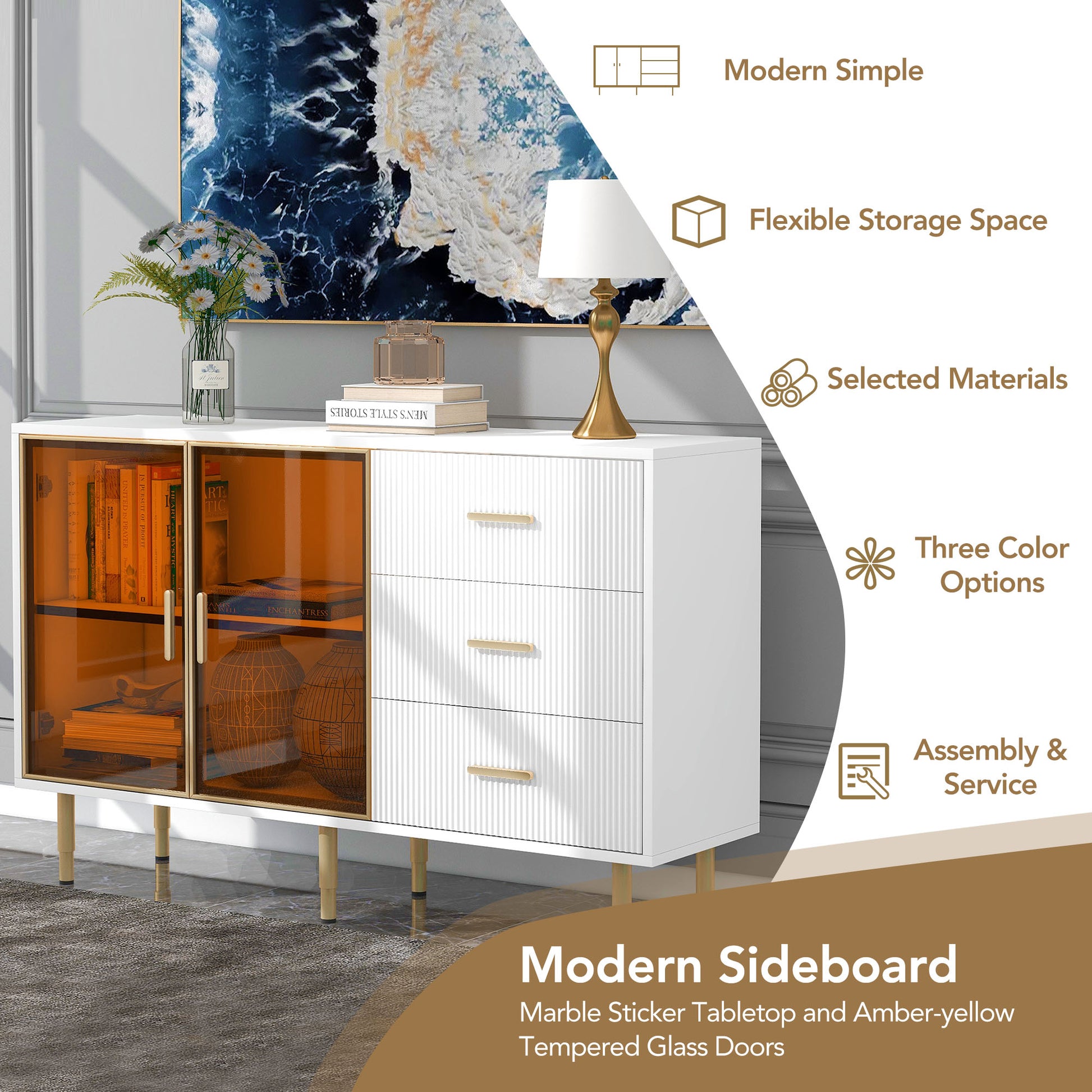 Modern Sideboard Mdf Buffet Cabinet Marble Sticker Tabletop And Amber Yellow Tempered Glass Doors With Gold Metal Legs & Handles White White Mdf Glass