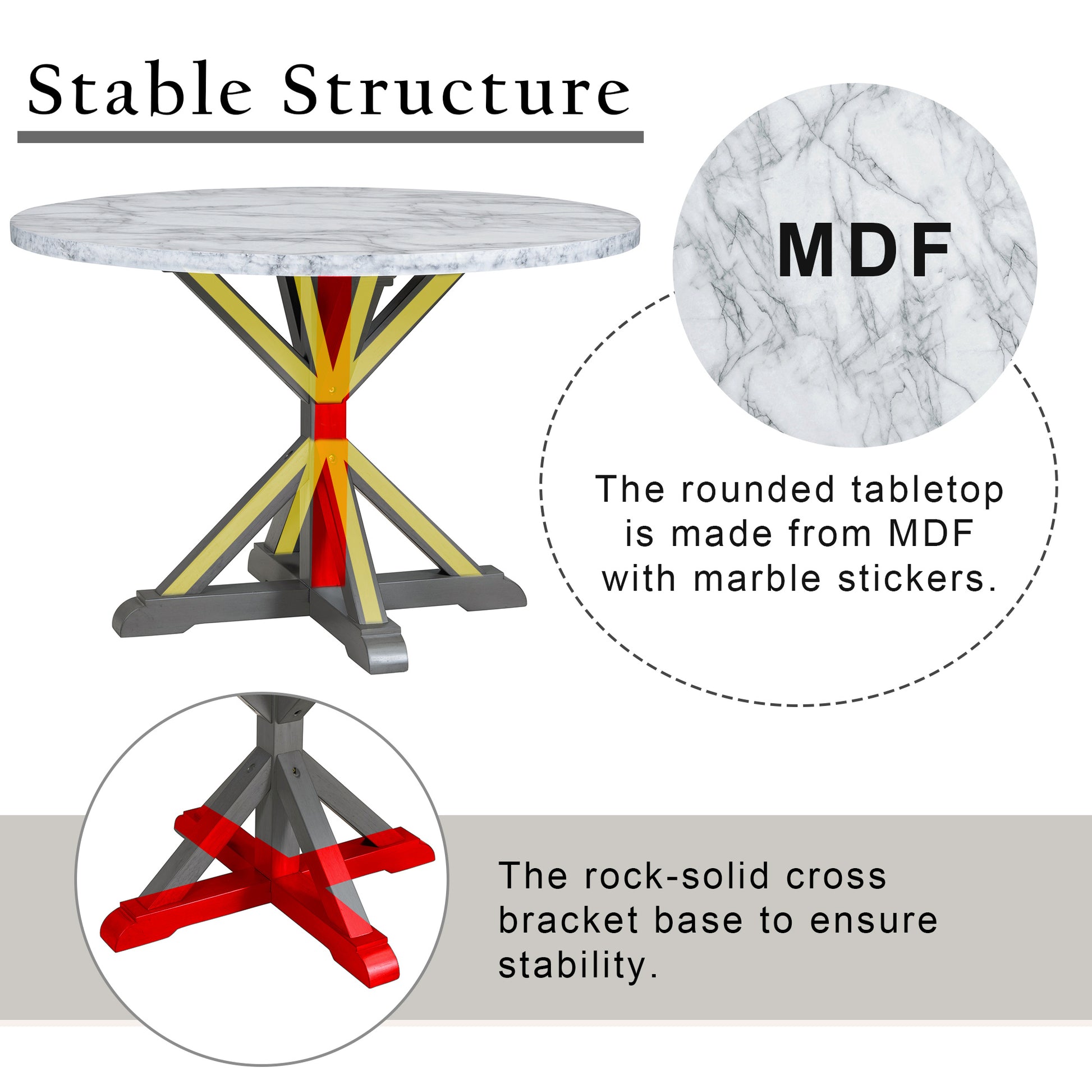 5 Piece Farmhouse Style Dining Table Set, Marble Sticker And Cross Bracket Pedestal Dining Table, And 4 Upholstered Chairs White Gray Upholstered Chair Wood White Gray Seats 4 Wood Dining Room Antique,Classic,Farmhouse Pedestal Round Dining Table With