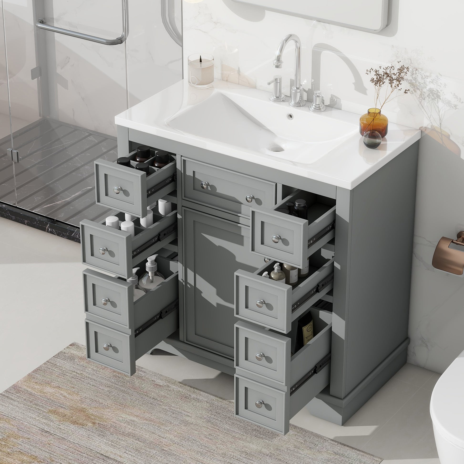 36" Bathroom Vanity With Sink Combo, One Cabinet And Six Drawers, Solid Wood And Mdf Board, Grey Grey Solid Wood Mdf